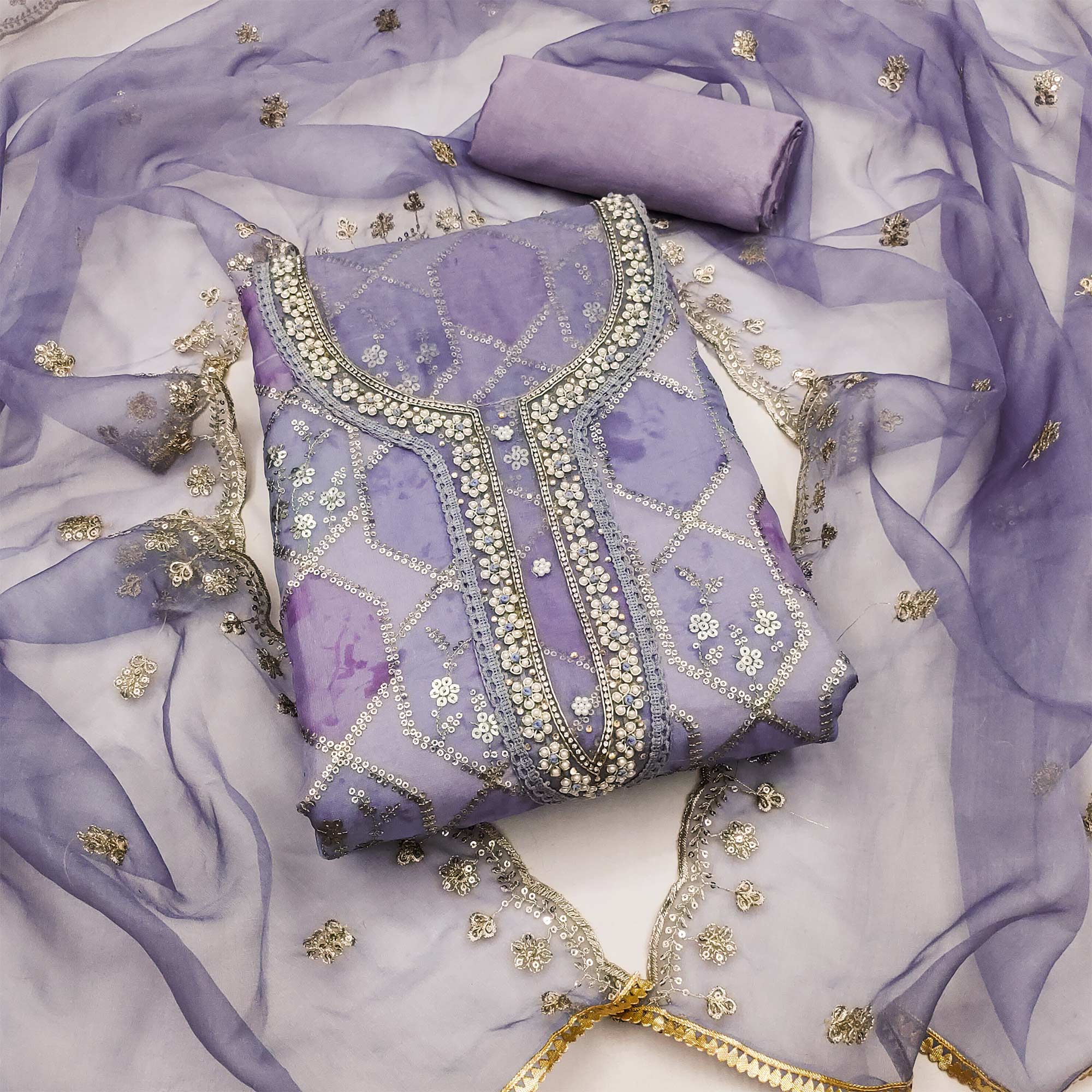 Peachmode Lavender Sequins Embroidered With Handwork Organza Dress Material
