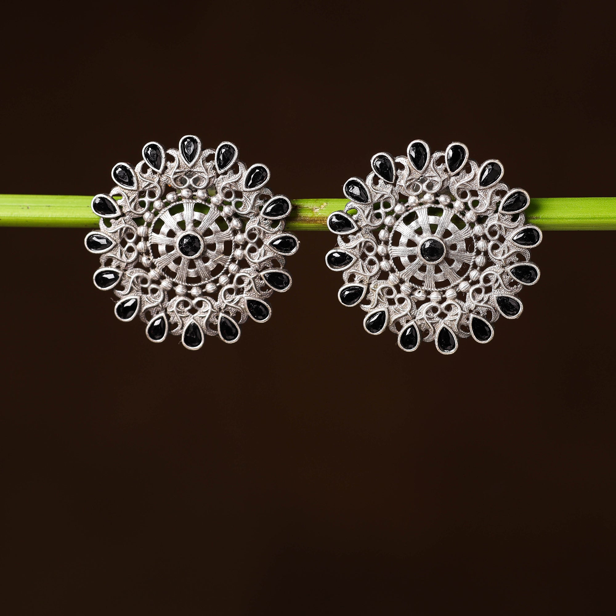 WHITE RIVER STORIES Antique Silver Finish Oxidised Brass Base Stone Work Stud Earrings