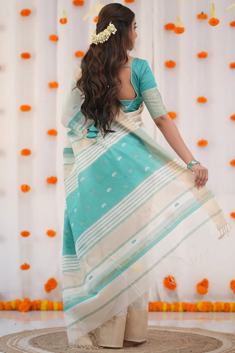 Aayna Embellished Beige Cotton Silk Saree With Ravishing Blouse Piece - view 5