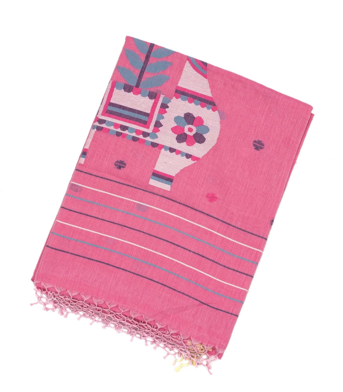 RmKV BubbleGum Pink Handloom Bengal Cotton Saree With Buttas