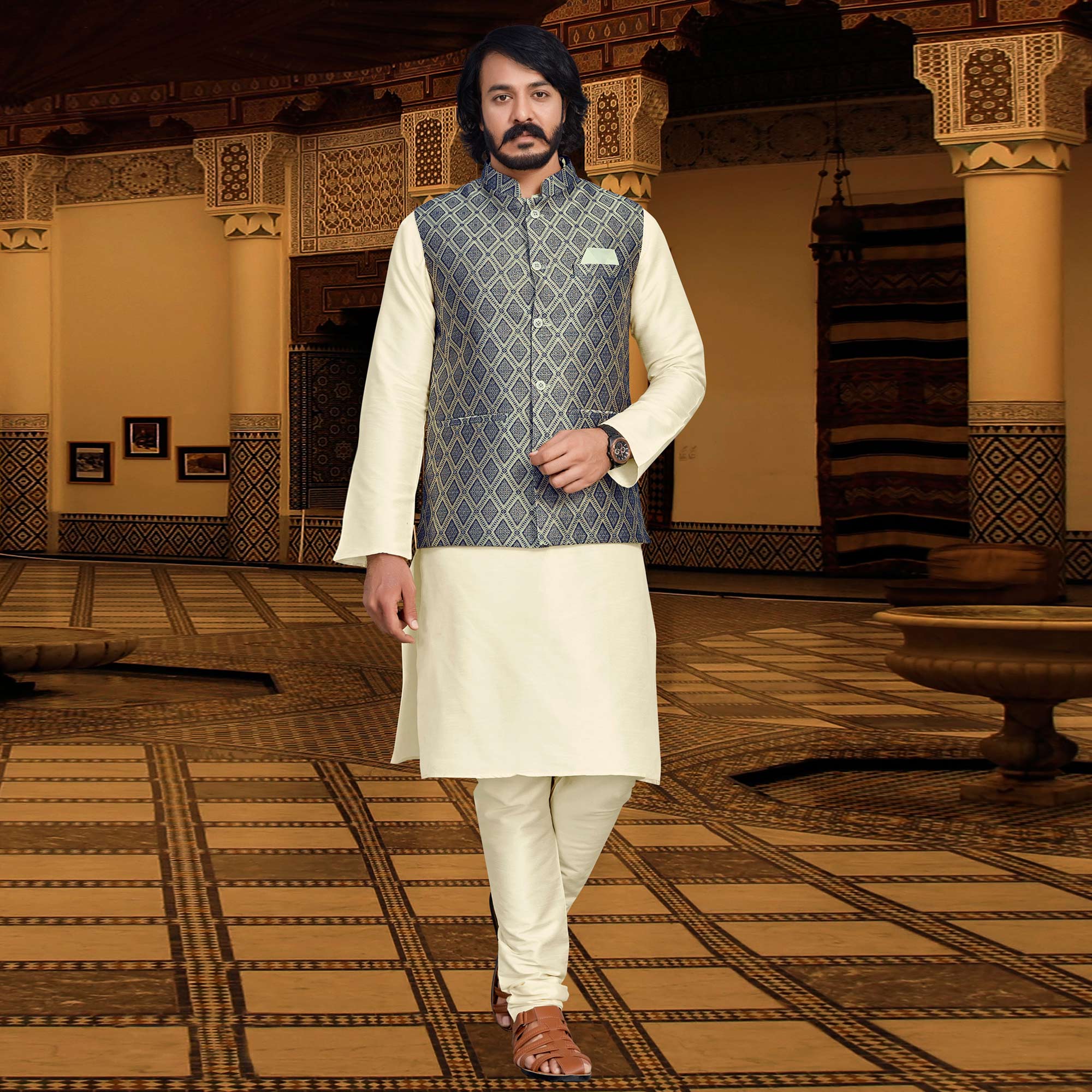 Peachmode Seller Cream Blue Woven Art Silk Kurta Pyjama Set With Jacket - view 2