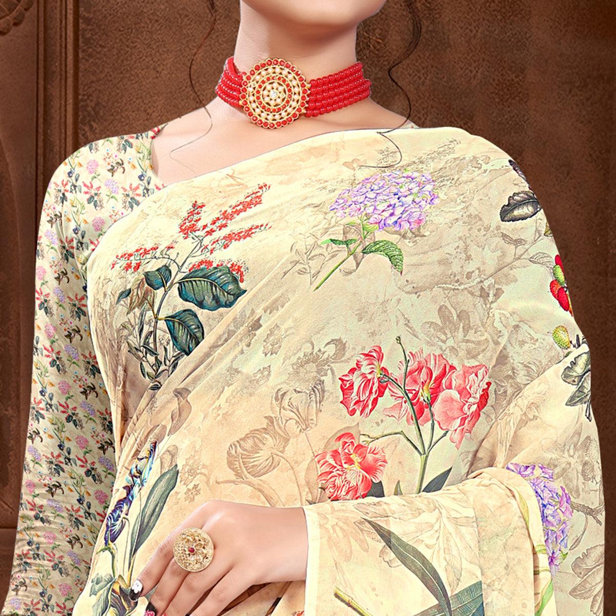 Peachmode Cream Digital Printed Georgette Saree - view 3