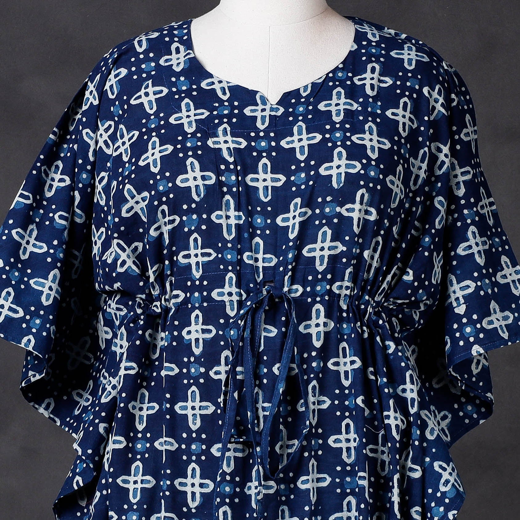 KACHCHH JI CHHAAP Blue - Hand Block Printed Cotton Kaftan with Tie-Up Waist (Long) - view 2