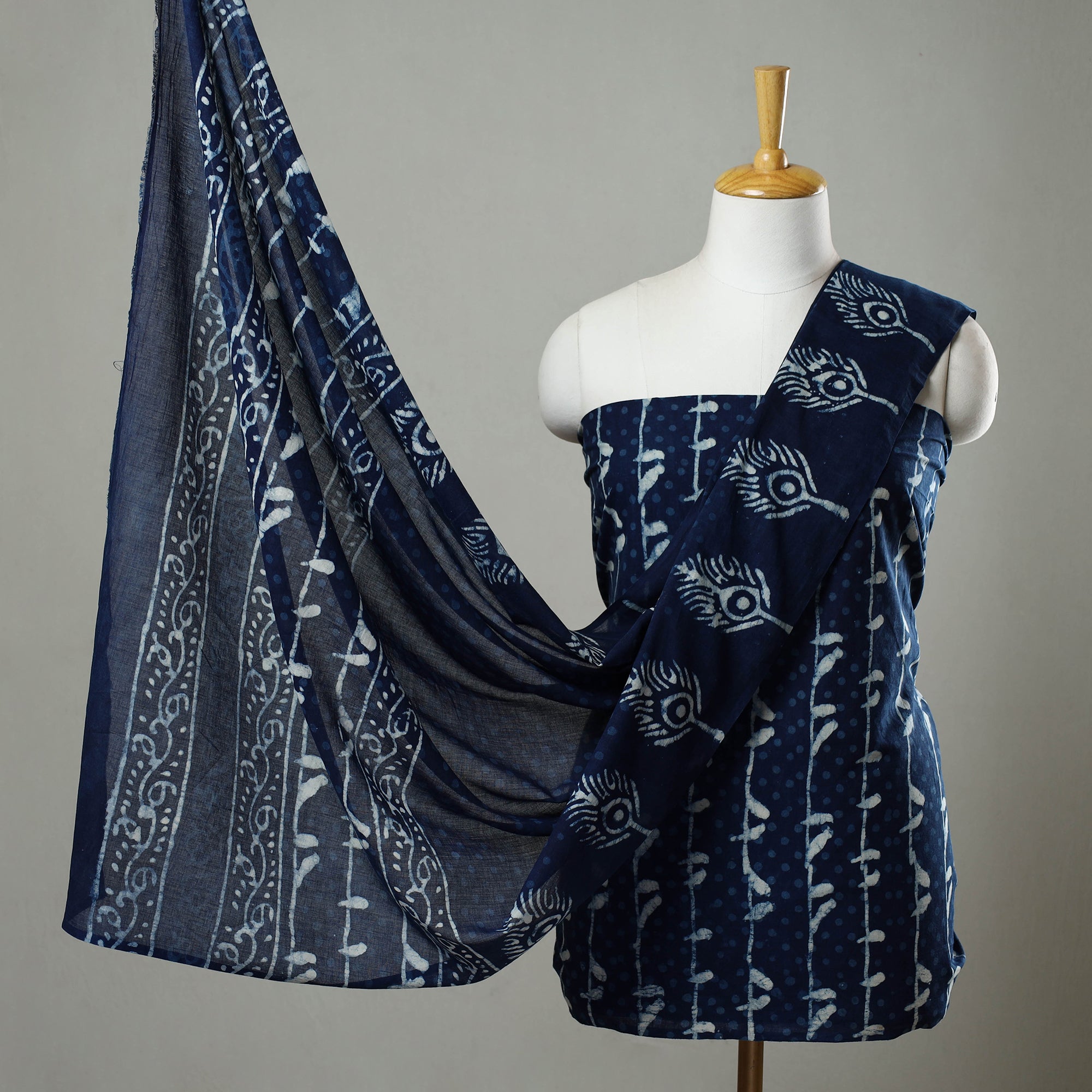 ARTISAN HAND BLOCK PRINTS Blue - 3pc Cotton Indigo Bagru Print Dress Material Set 20