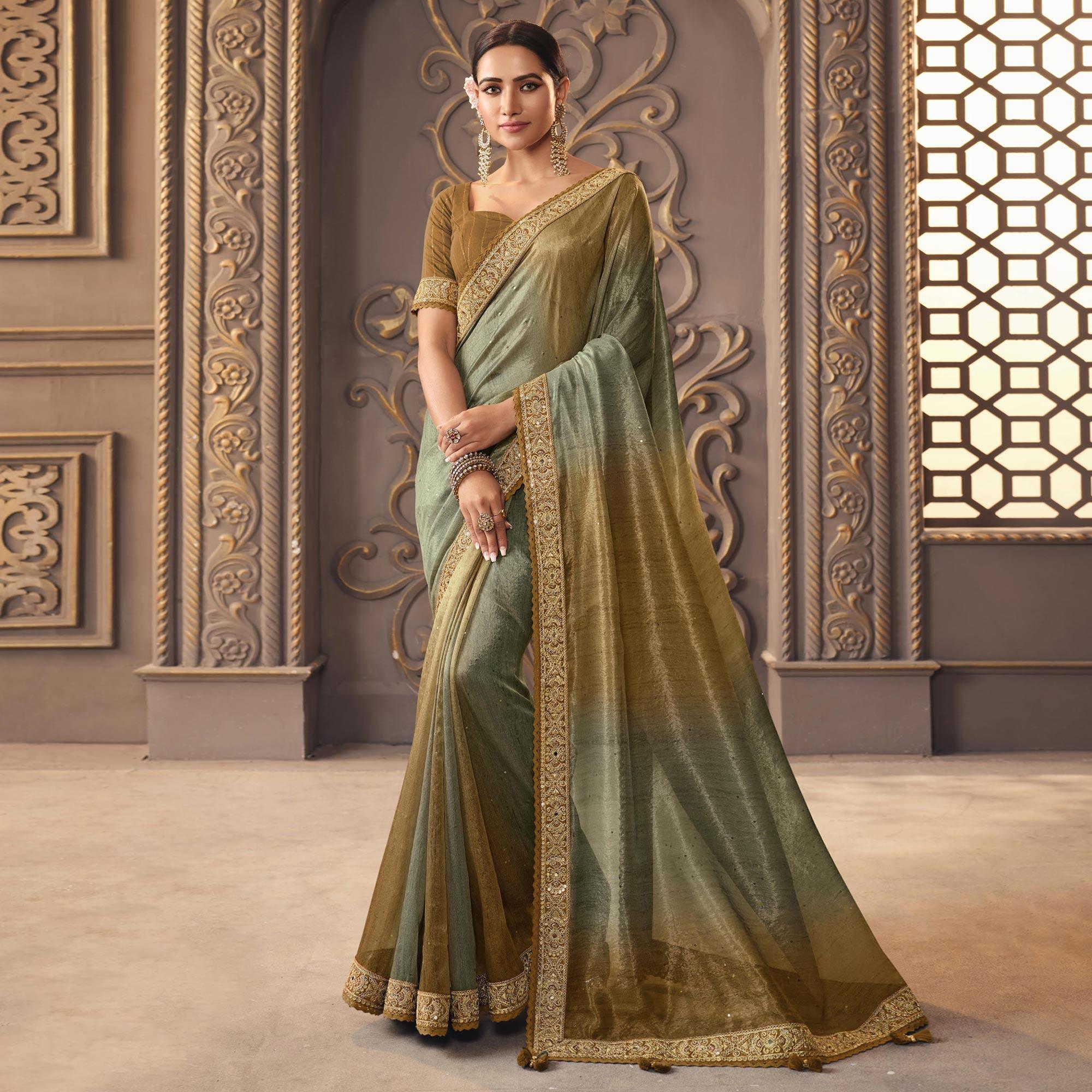 Peachmode Brown & Sea Green Sequins Embroidered Organza Saree
