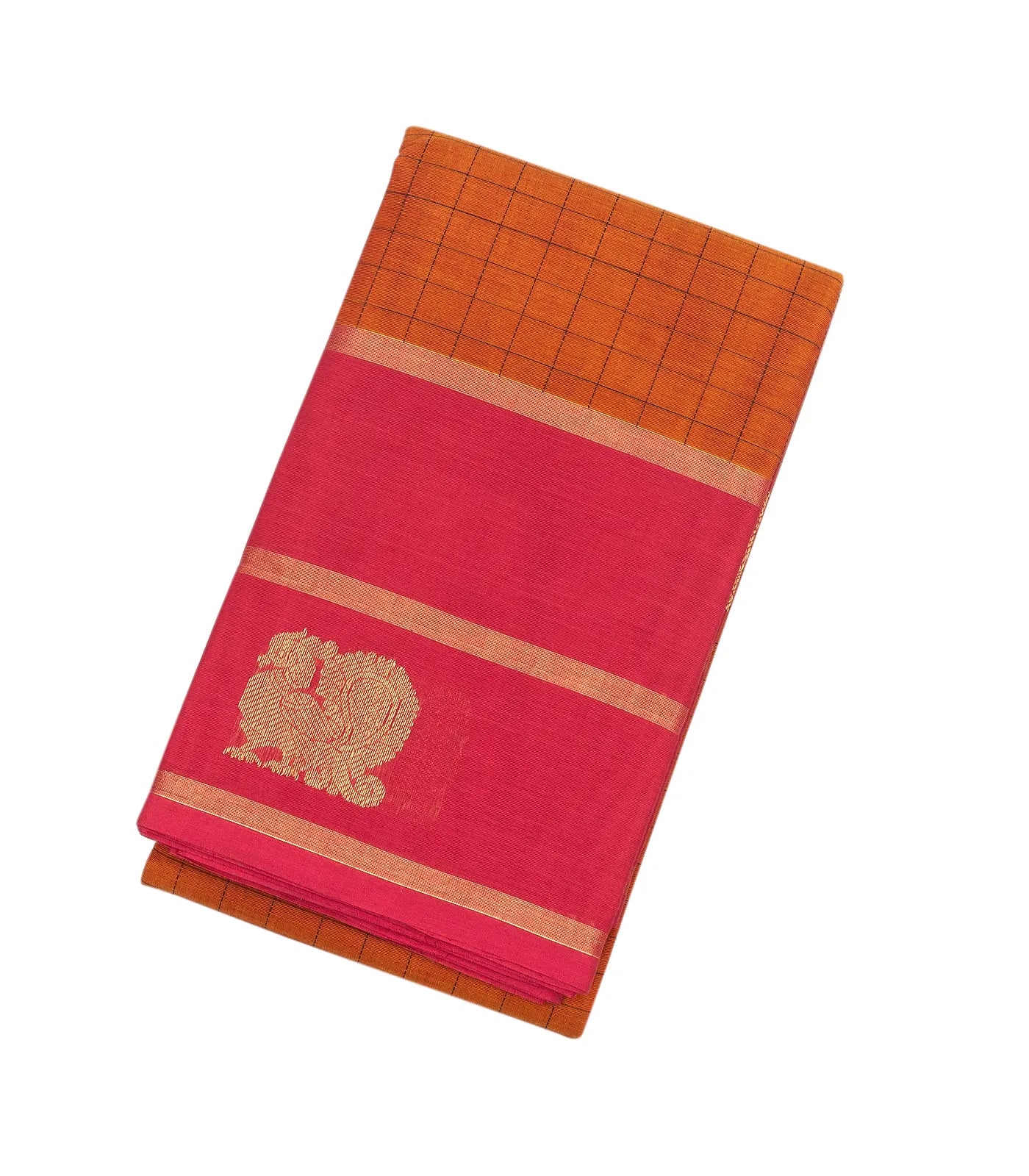 RmKV Orange Handloom Kanchi Cotton Saree With Checks