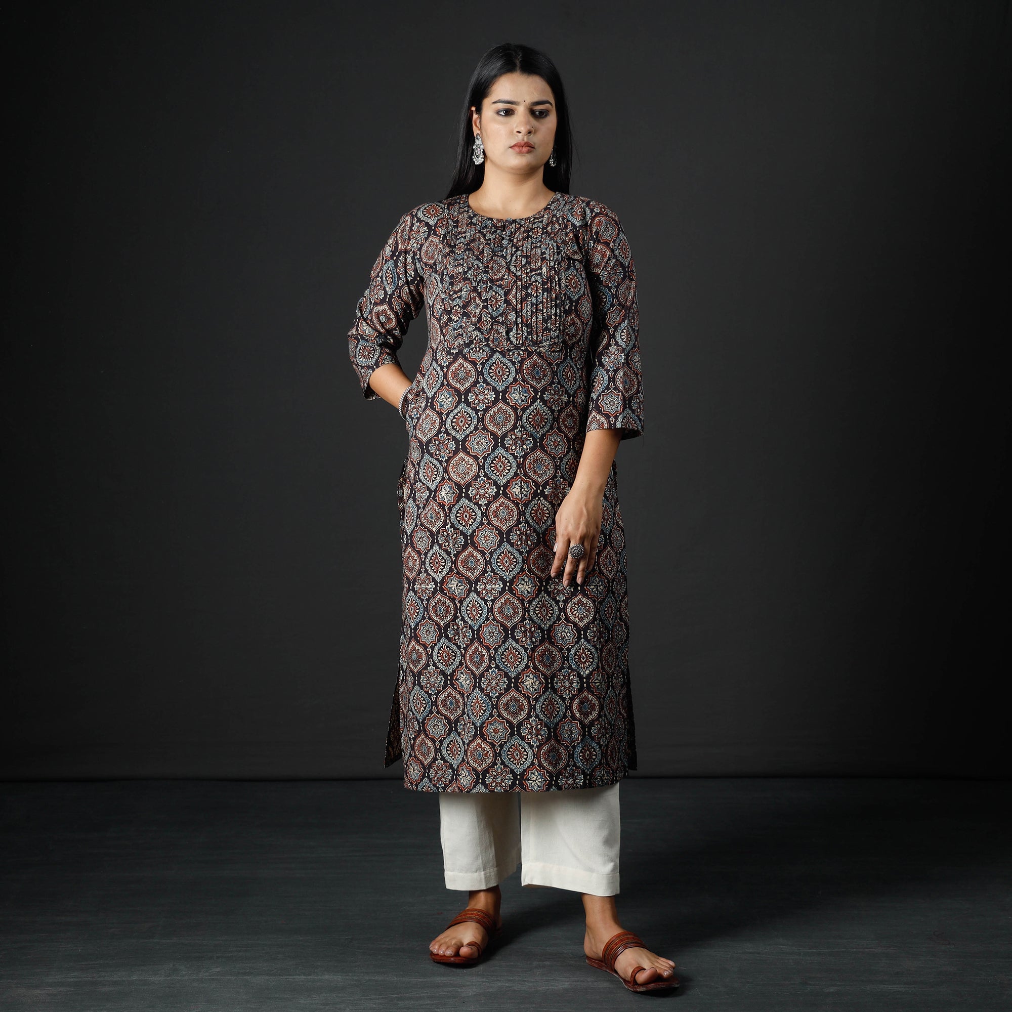 ITOKRI CASUALS Black - Ajrakh Block Printed Cotton Pintuck Straight Kurta 06