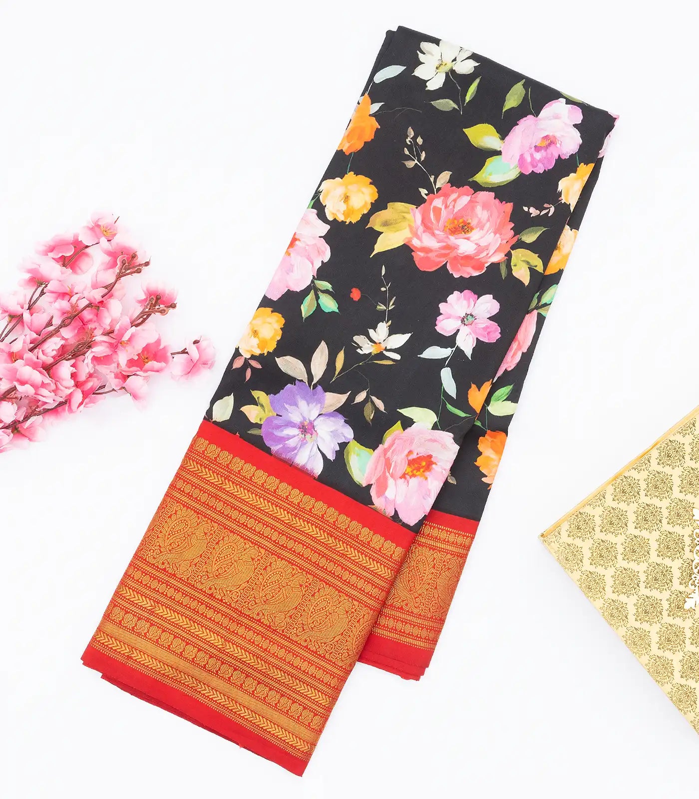 RmKV Black Handloom Kanchipuram Korvai Silk Saree Printed With Flower Motifs