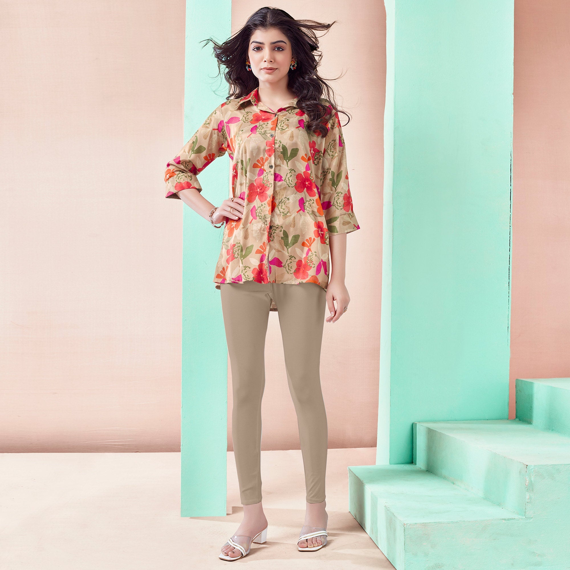 Peachmode Chikoo Floral Foil Printed Muslin Top - view 4