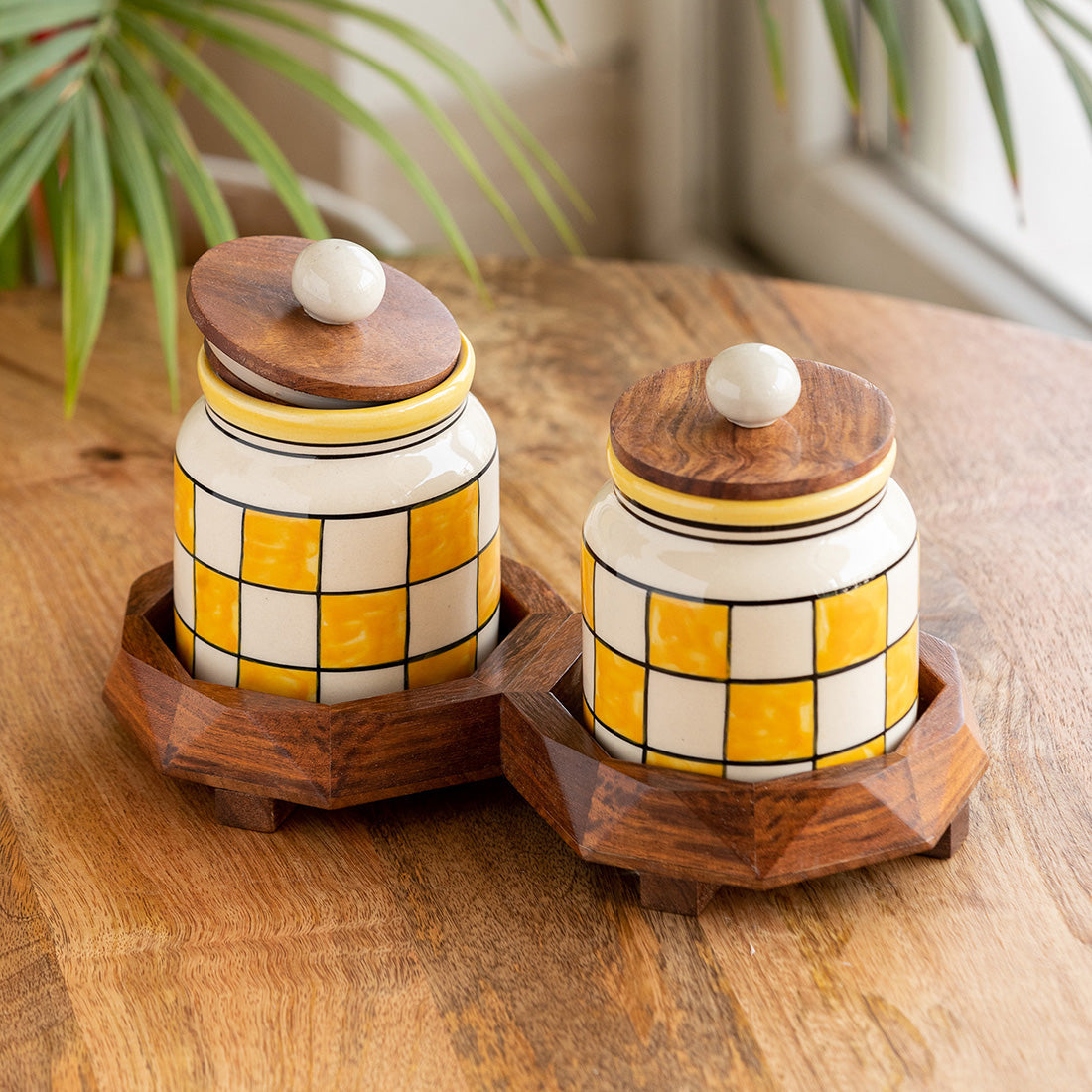 EXCLUSIVELANE 'Shatranj Checkered' Hand-Painted Ceramic Storage Jars & Containers with Tray (Set of 2, 440 ML)
