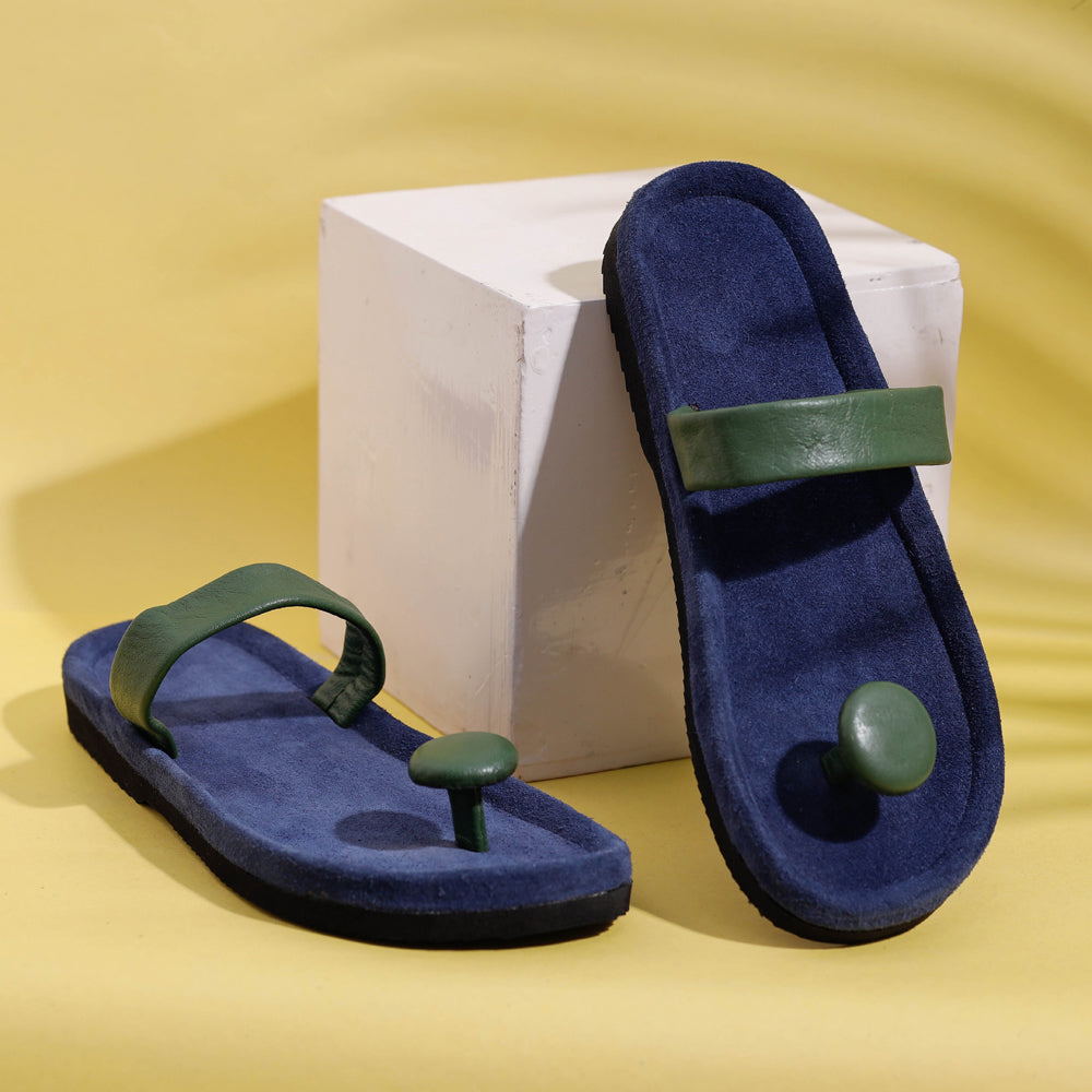 AASAI HANDICRAFT FOOTWEAR AUROVILLE Blue & Green Handcrafted Women's Leather Slippers with Suede