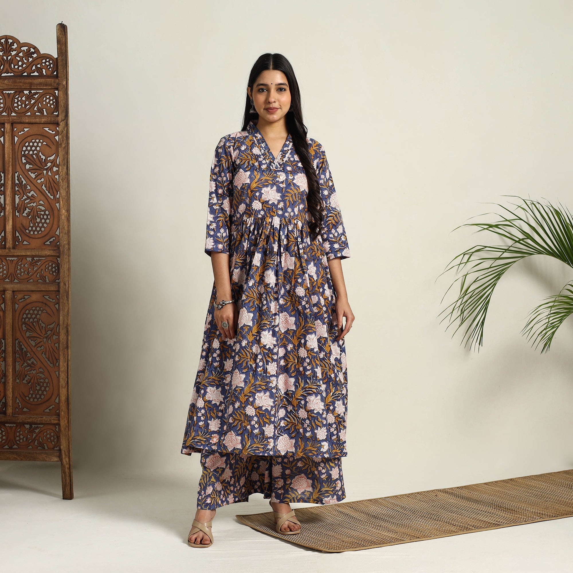 ITOKRI CASUALS Blue - Block Print Cotton Flared Sanganeri Kurta Set 01