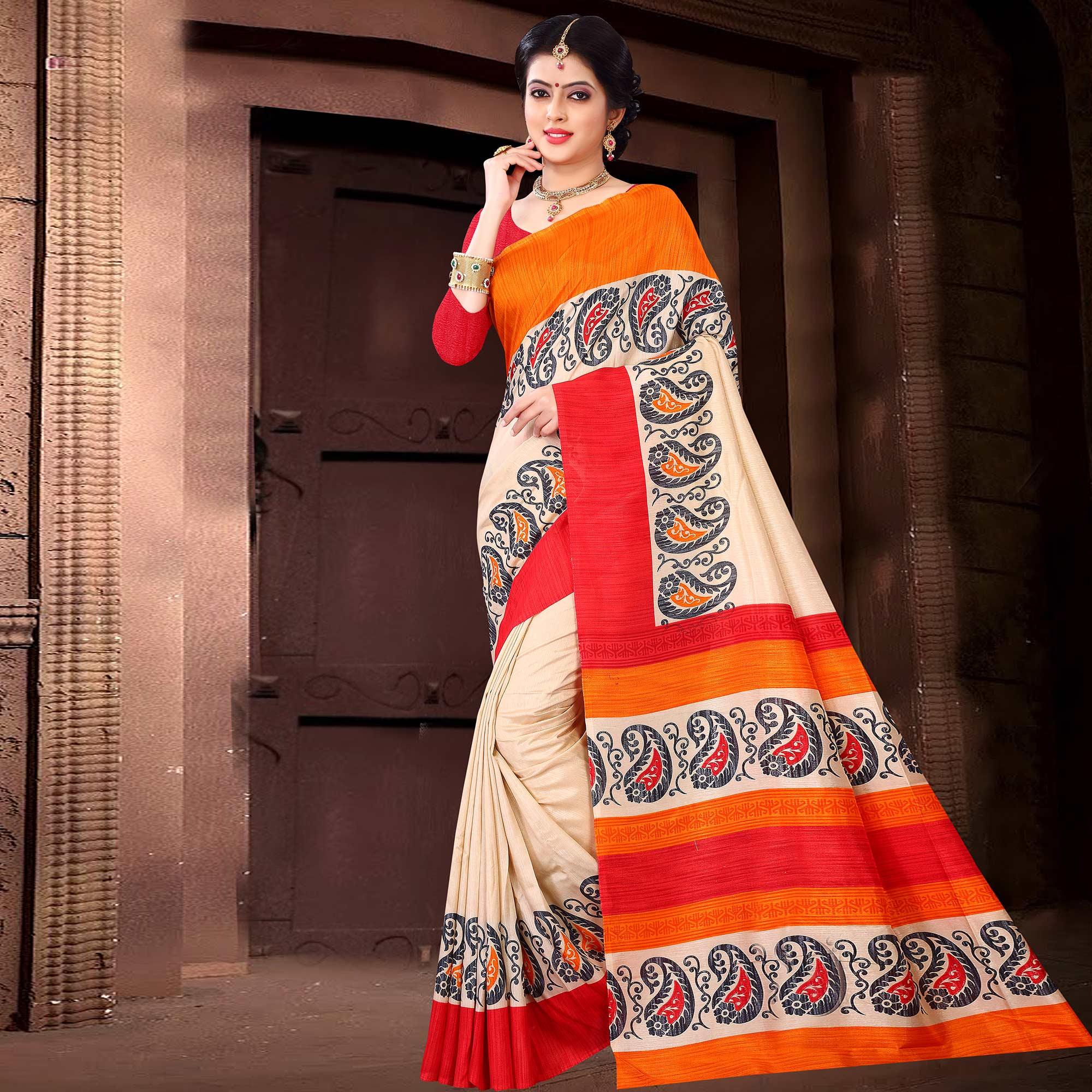 Peachmode Mesmerising Offwhite Colored Casual Wear Printed Silk Saree