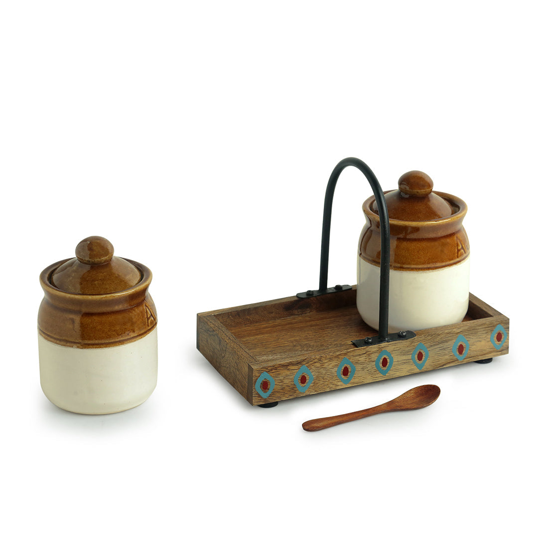 EXCLUSIVELANE 'Old Fashioned Martaban' Ceramic Chutney & Pickle Jar Set With Tray (Set of 2, 225 ML) - view 4