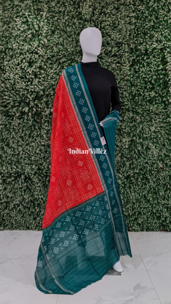 IndianVillèz Orange Green Pasapali Theme Sambalpuri Ikat Cotton Dupatta