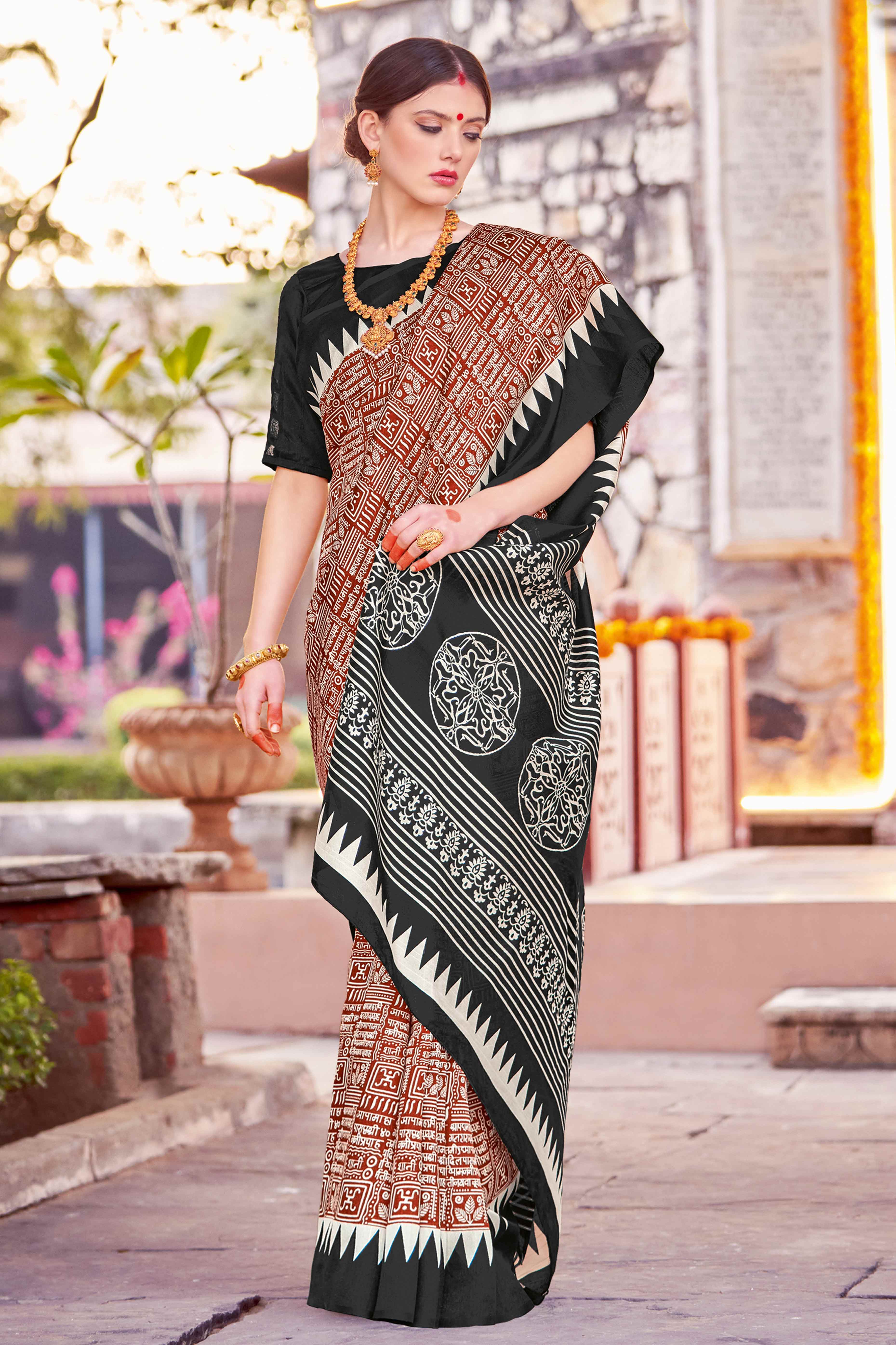 Peachmode Dark Rust & Black Printed Bhagalpuri Silk Saree