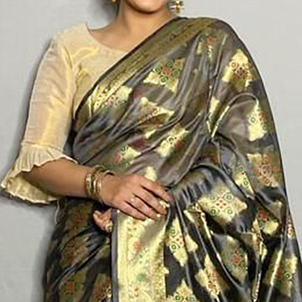 Peachmode Grey Woven Banarasi Silk Saree – Women's - view 2