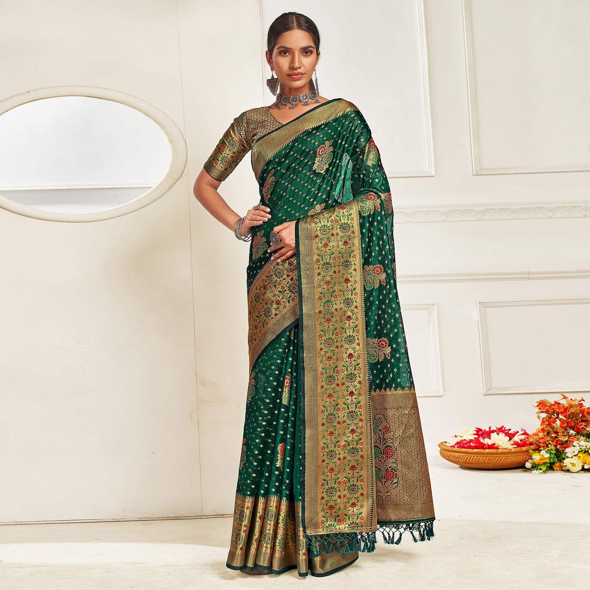 Peachmode Bottle Green Festive Wear Banarasi Woven Organza Saree