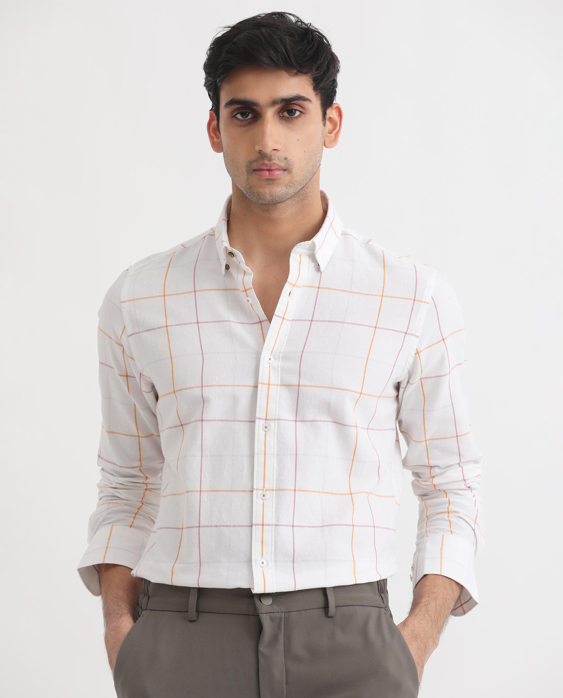 Rare Rabbit Men's Dooblin White Cotton Fabric Full Sleeves Checks Shirt