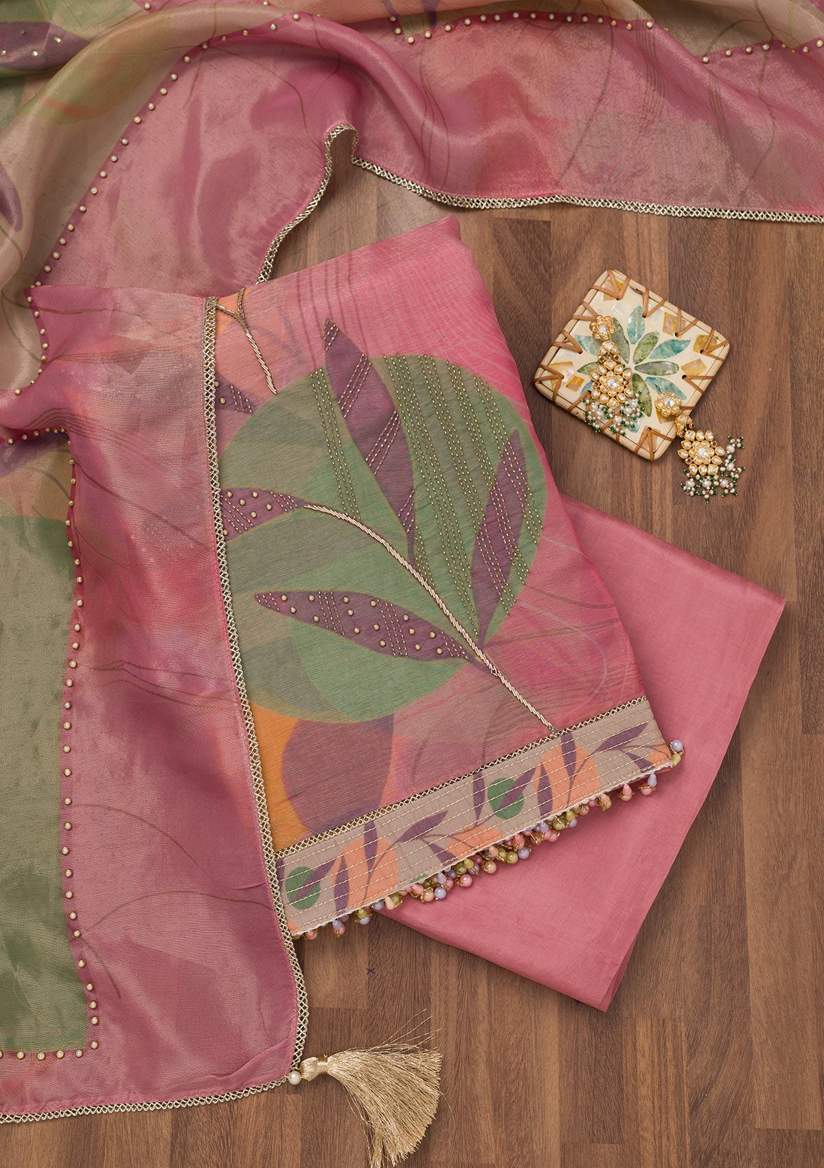 Koskii Onion Pink Printed Semi Crepe Unstitched Salwar Suit