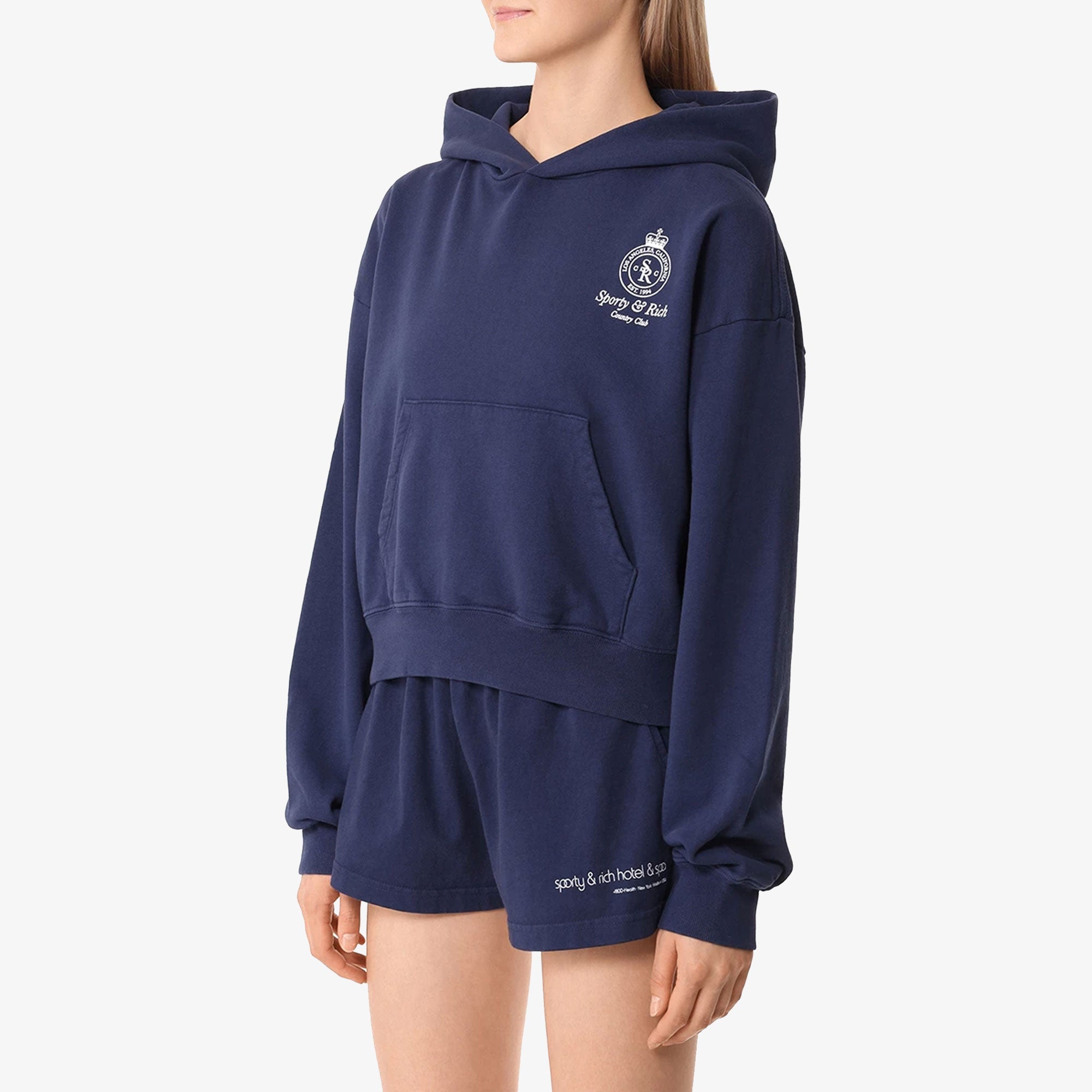 Sporty & Rich | Crown Logo Cropped Hoodie { Navy/white - view 4