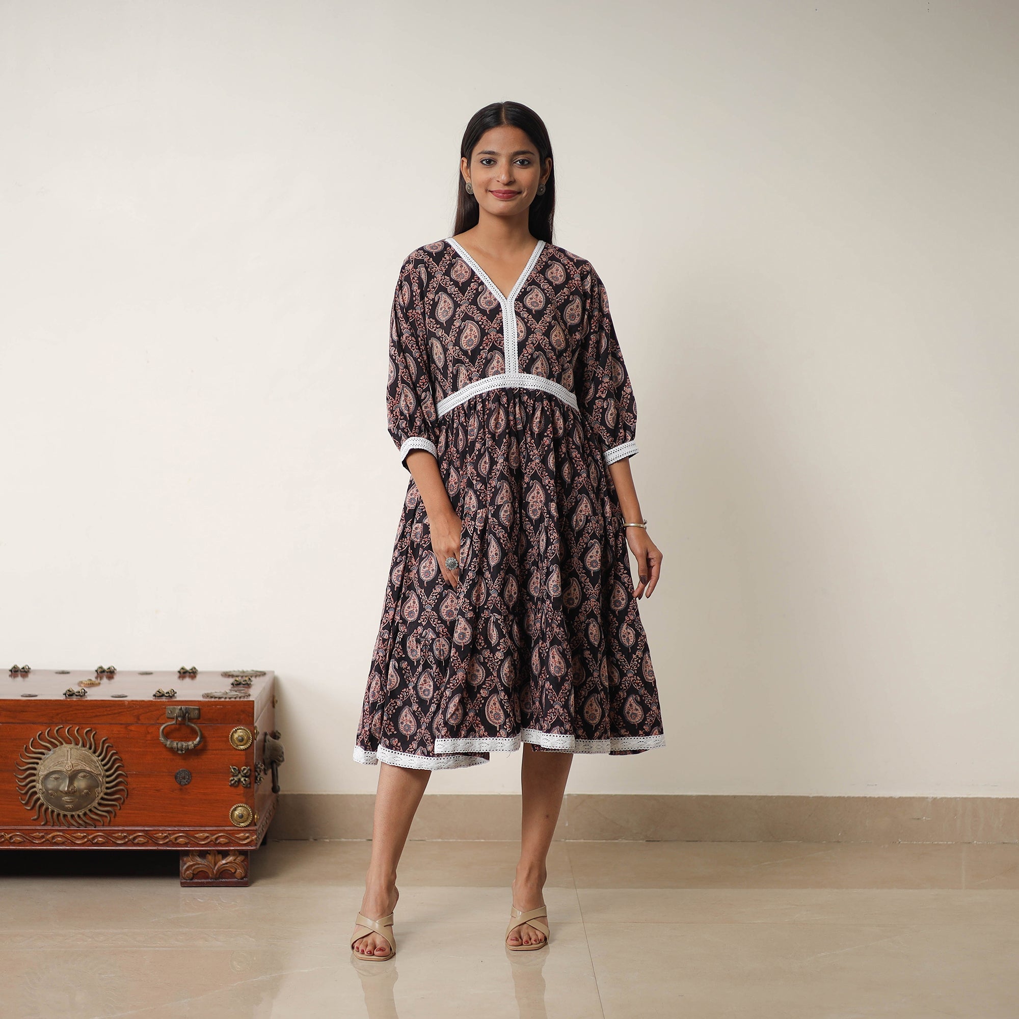 ITOKRI CASUALS Black - Hand Block Print Cotton Tiered Ajrakh Dress 19 - view 2