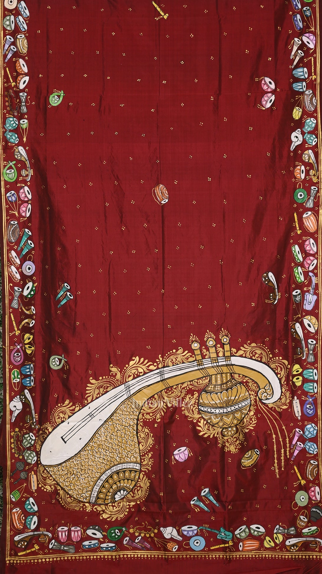 IndianVillèz Maroon Sitar Instrument Pattachitra Silk Saree
