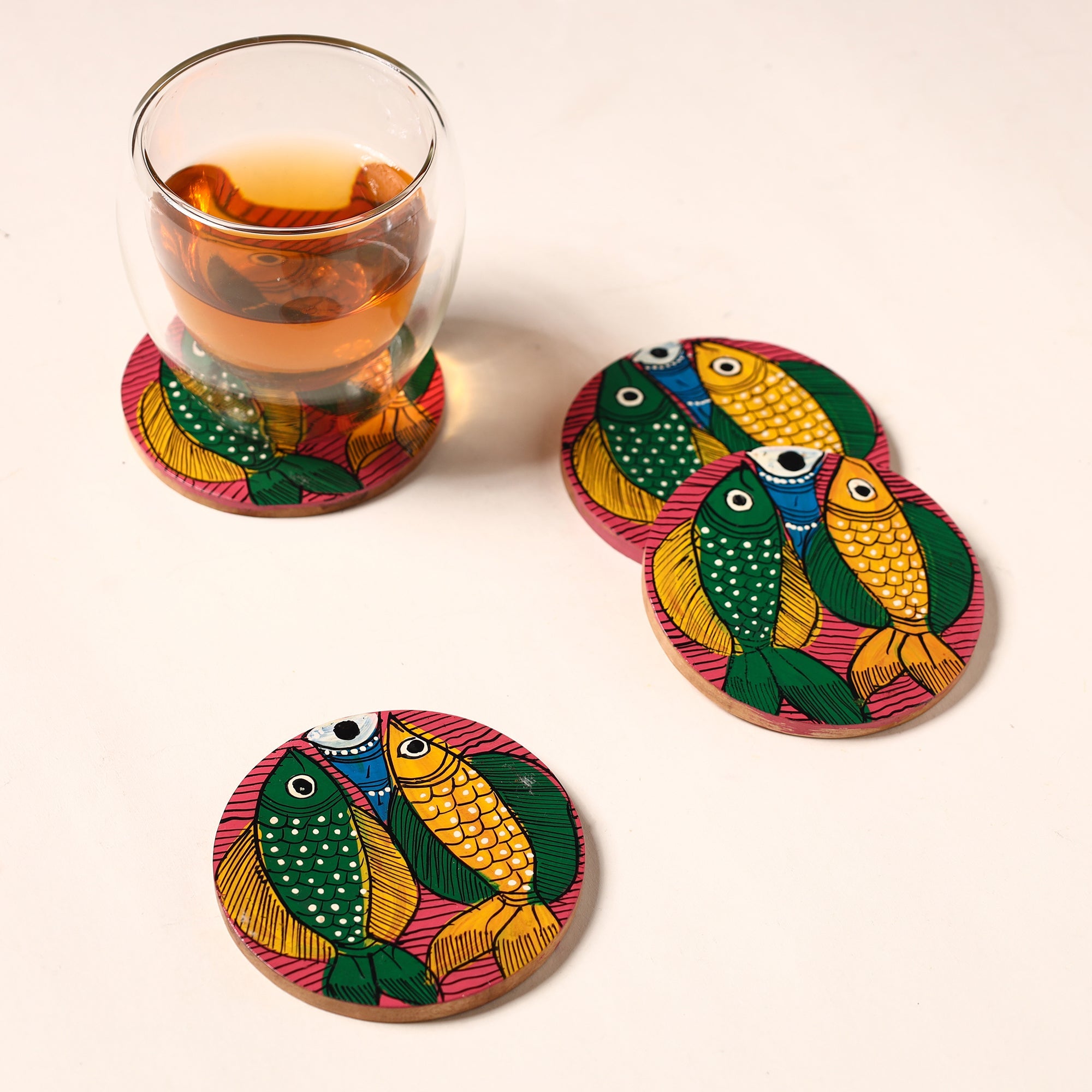 ITOKRI CRAFTS INITIATIVE Bengal Patua Handpainted Akashmoni Wooden Coasters (Set of 4) 12
