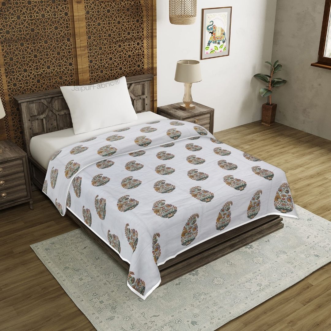 JaipurFabric® Hand Block Printed Floral Valley Bunai Pattern Indian Kairi Design Single Bed Dohar