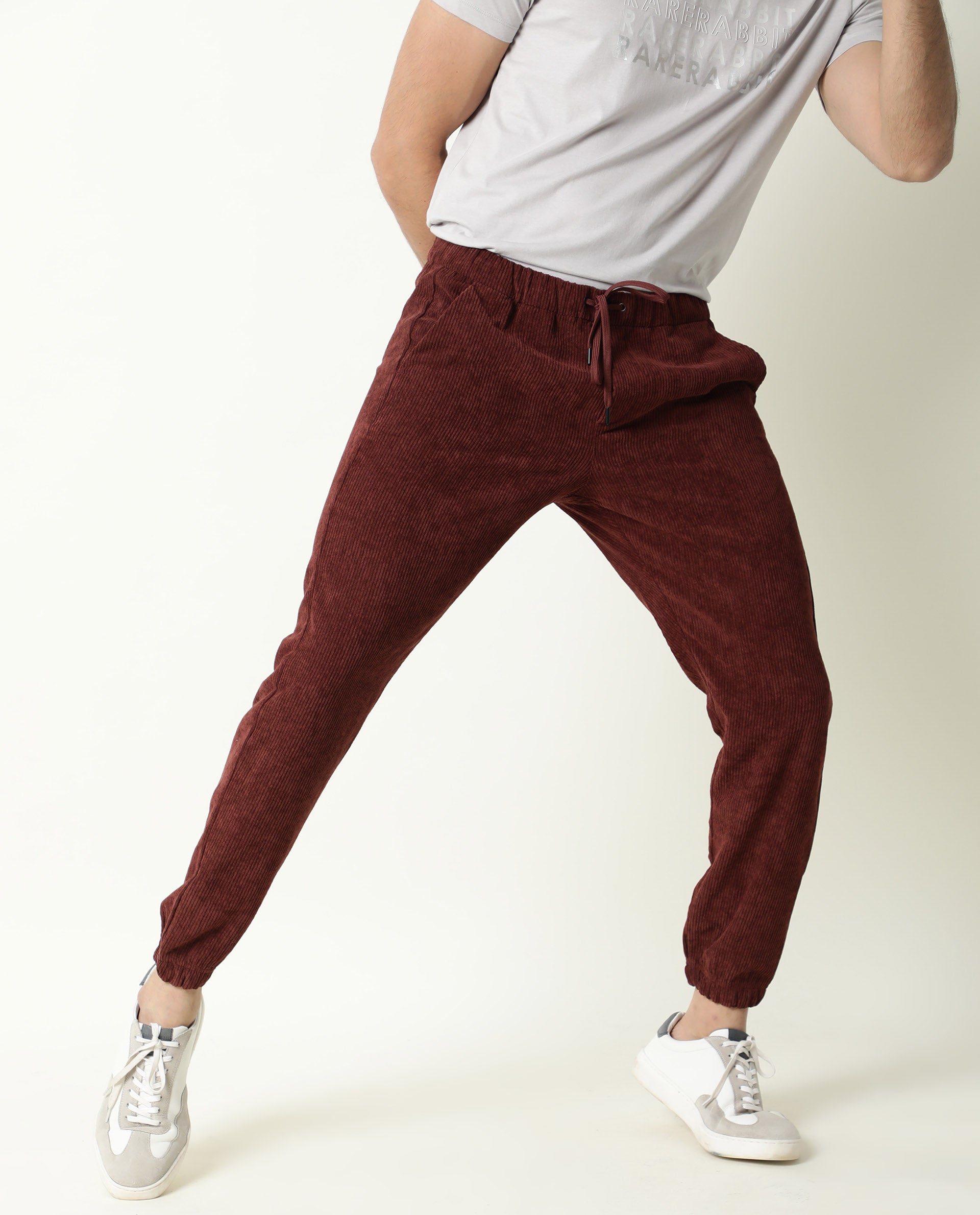 Rare Rabbit Men's Acro Dark Maroon Polyester Fabric Drawstring Corduroy Joggers Trousers