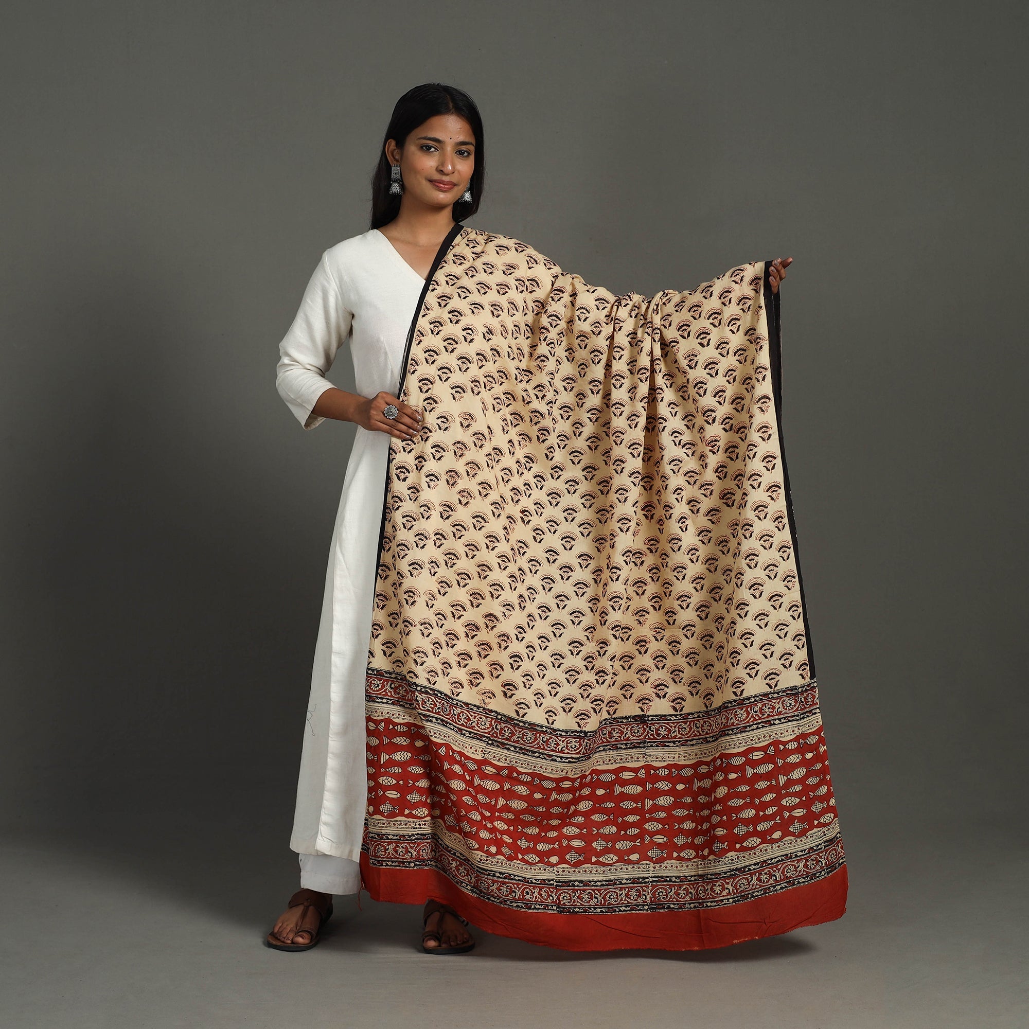 ARTISAN HAND BLOCK PRINTS Beige - Block Print Mul Cotton Bagru Dupatta 29 - view 2
