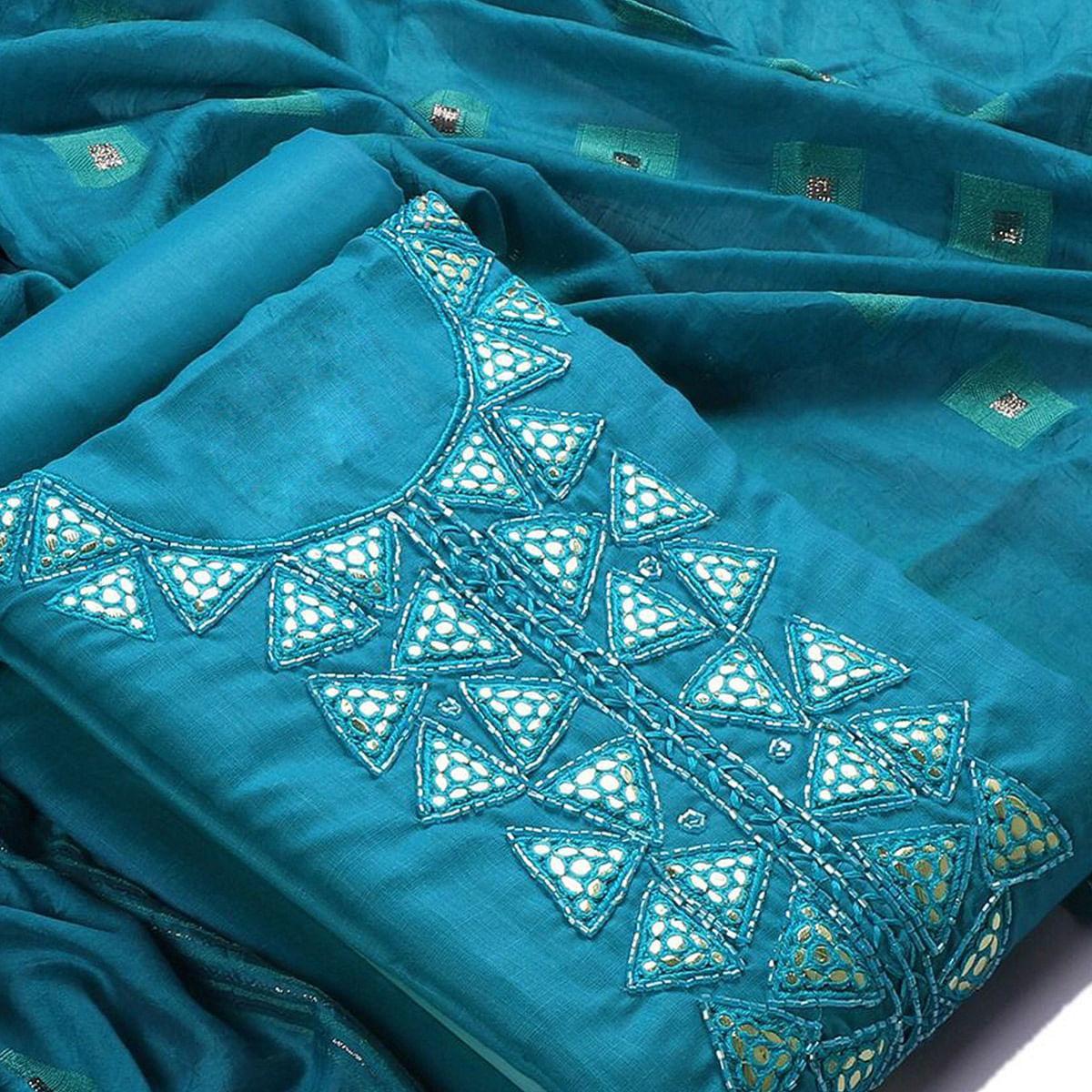 Peachmode Blue Zardosi Embroidered Cotton Dress Material - view 5