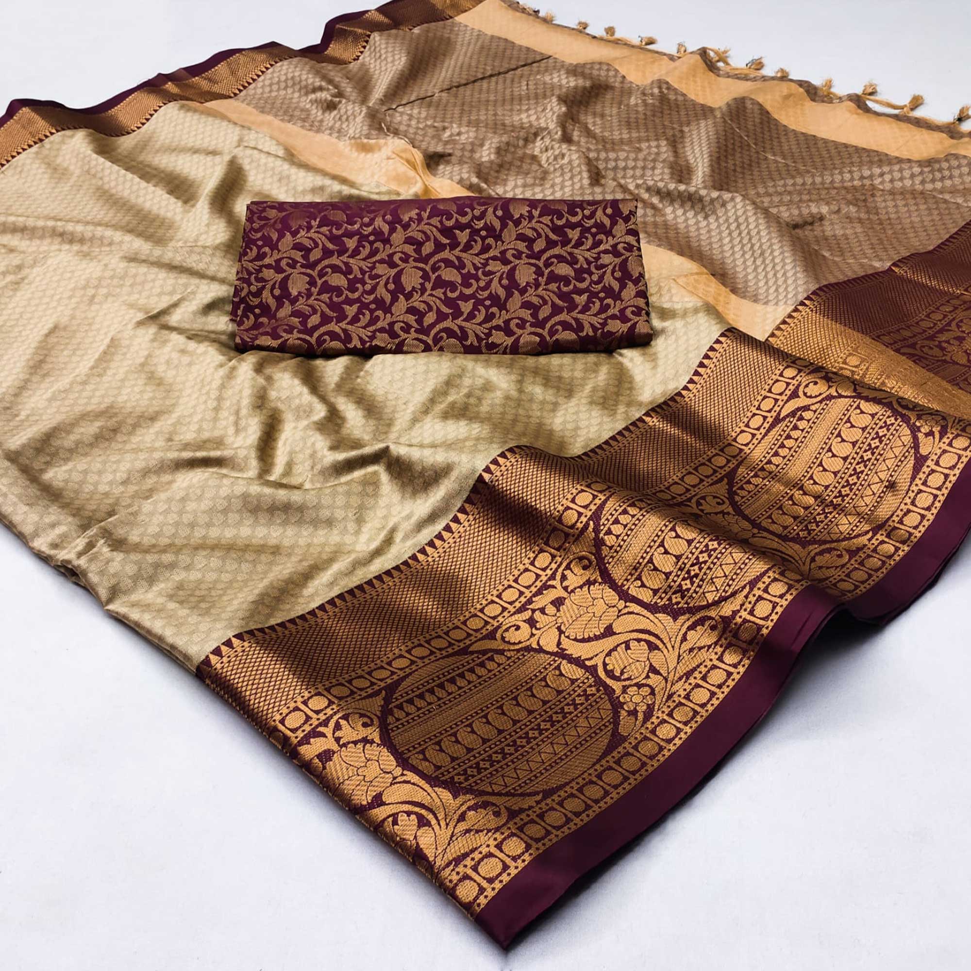 Peachmode Chikoo Woven Cotton Silk Saree With Tassels