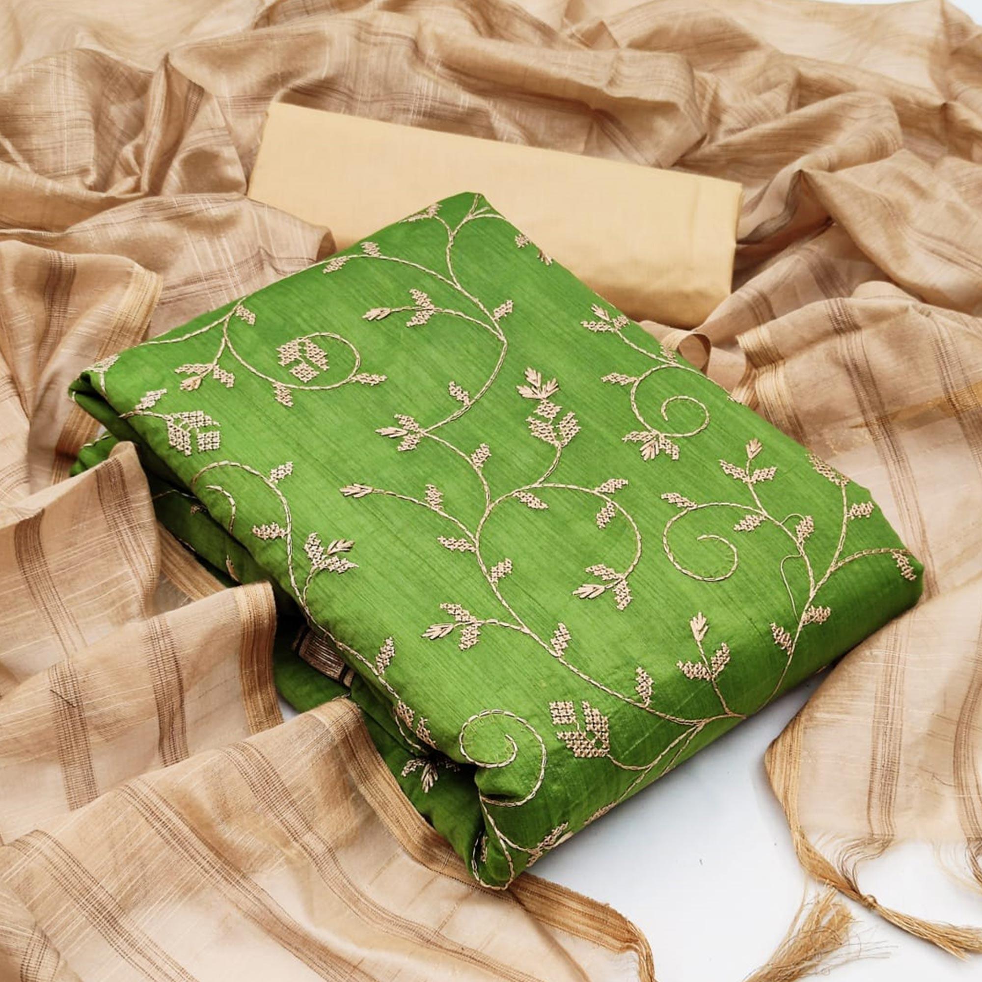 Peachmode Eye-catching Mehendi Green Colored Casual Wear Embroidered Chanderi Dress Material