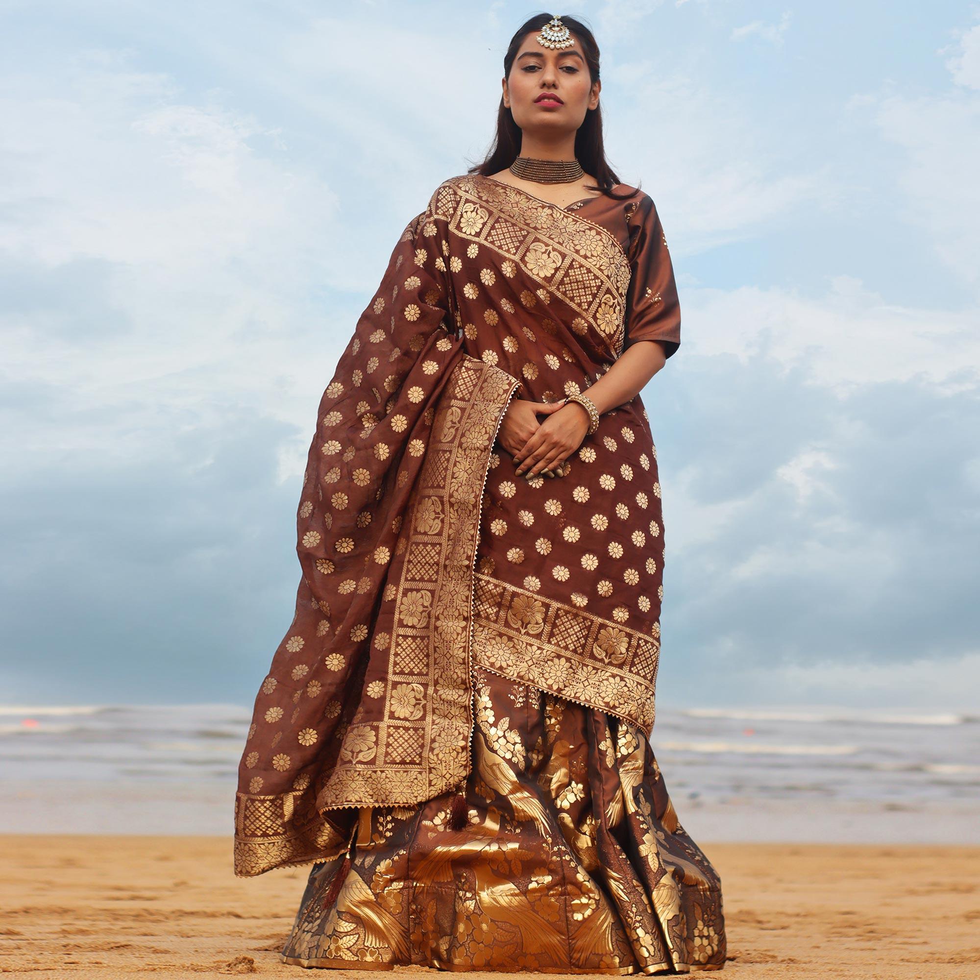 Peachmode Brown Festive Wear Woven Banarasi Silk Lehenga Choli