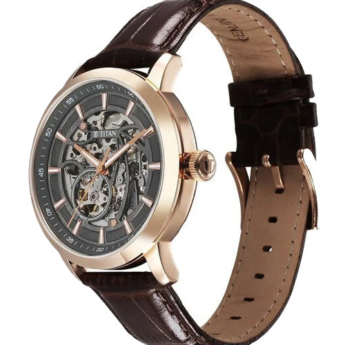 Titan Phoenix Skeletal Automatic Analog with Gun Dial Brown Leather Strap Watch for Men 43mm 90223WL01 - view 2