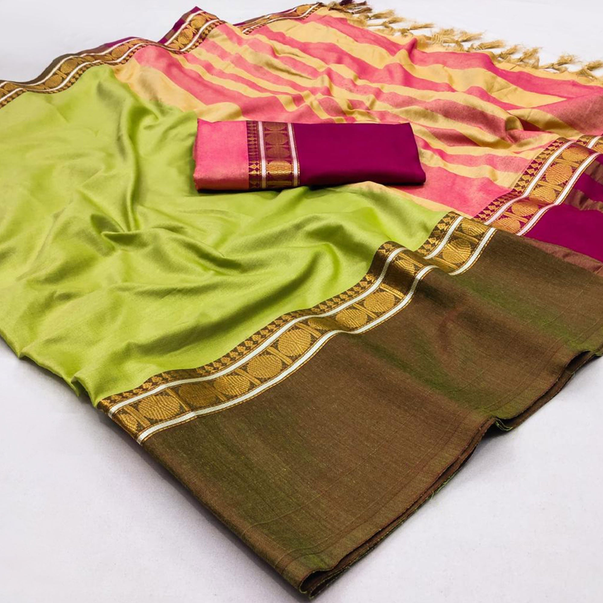 Peachmode Mint Green Woven Cotton Silk Saree With Tassels