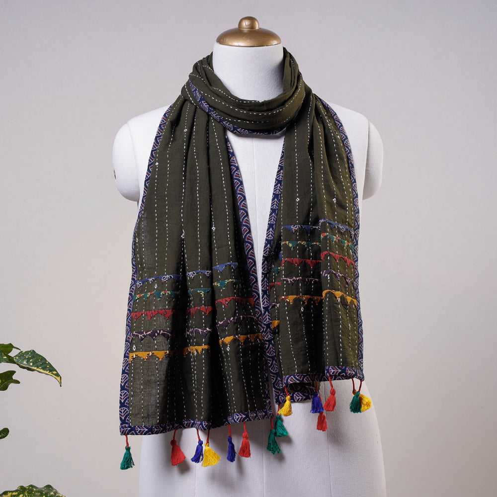KACHCHH JI CHHAAP Brown - Kutch Tagai Work Ajrakh Border Cotton Stole with Tassels