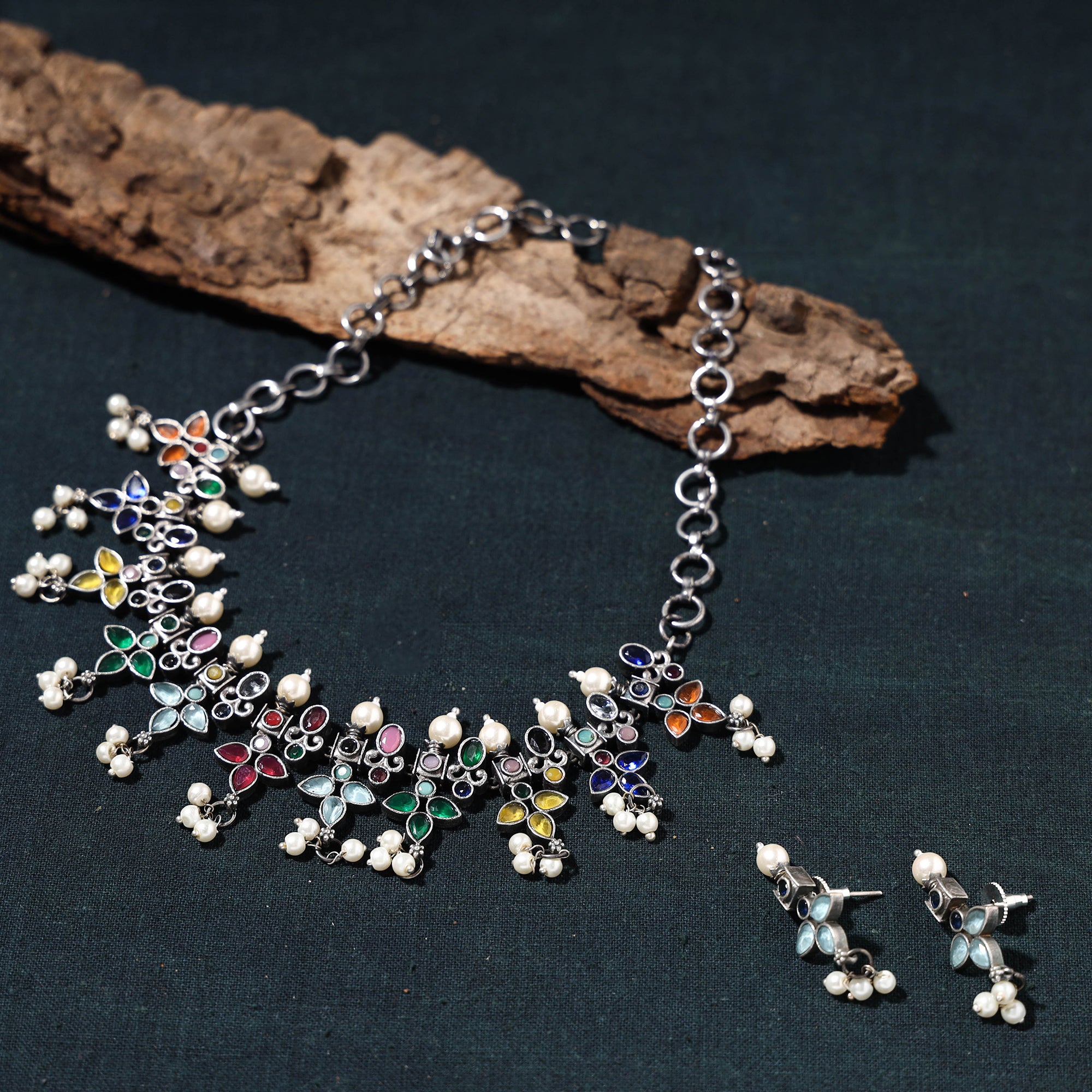 WHITE RIVER STORIES Antique Silver Finish Oxidised Brass Base Stone Work Choker Necklace Set - view 2