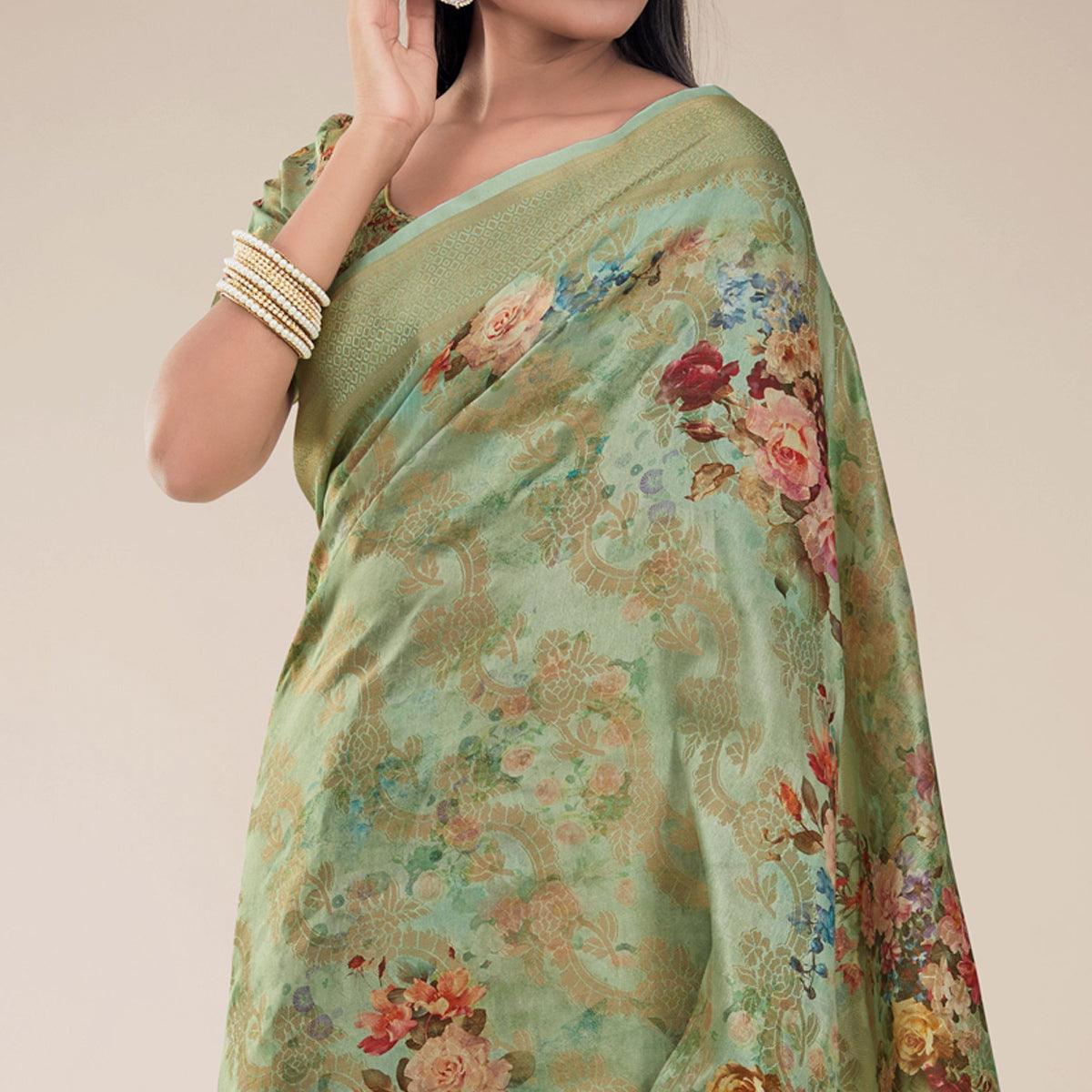 Peachmode Mehndi Green Festive Wear Floral Printed Jacquard Designer Handloom Silk Saree - view 3