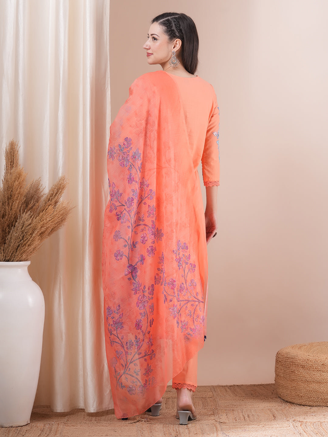 FASHOR Floral Patchwork Embroidered Straight Fit Kurta with Pant and Printed Dupatta - Peach - view 6