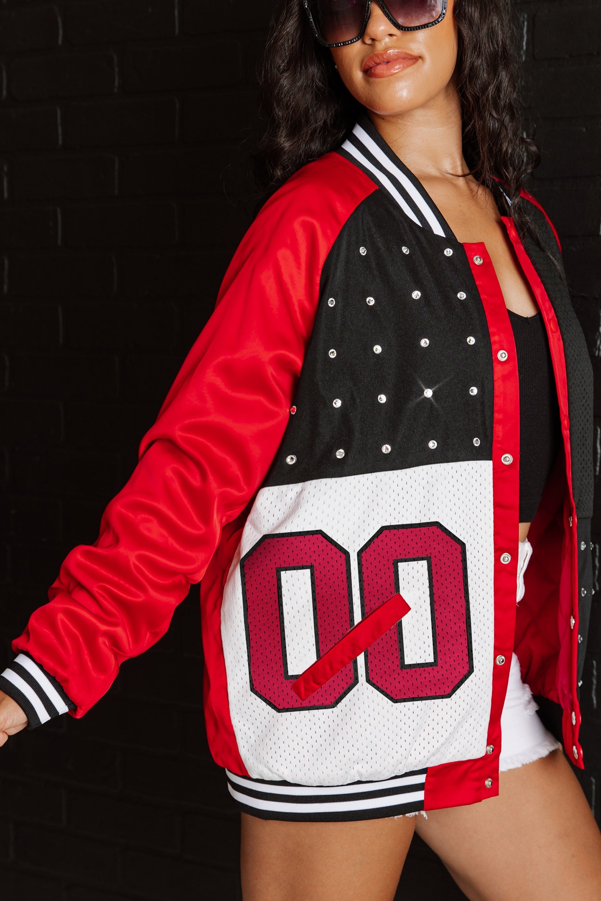 GC X NFL San Francisco 49ers Hot Shot Mixed Media Throwback Varsity Bomber Jacket With Rhinestone Inserts - view 5