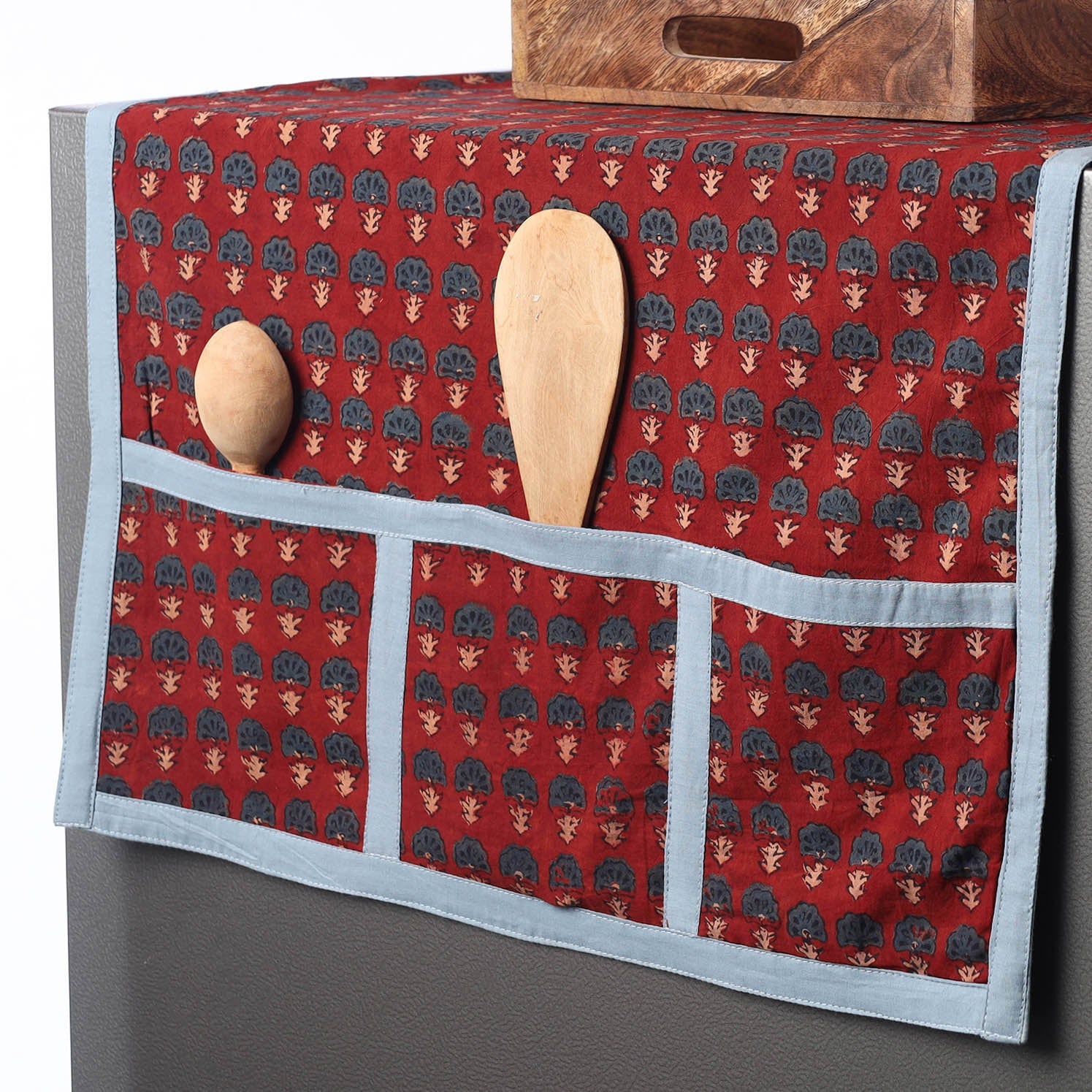 JALPARI Ajrakh Block Printed Cotton Fridge Top Cover with Multiple Pockets - view 2