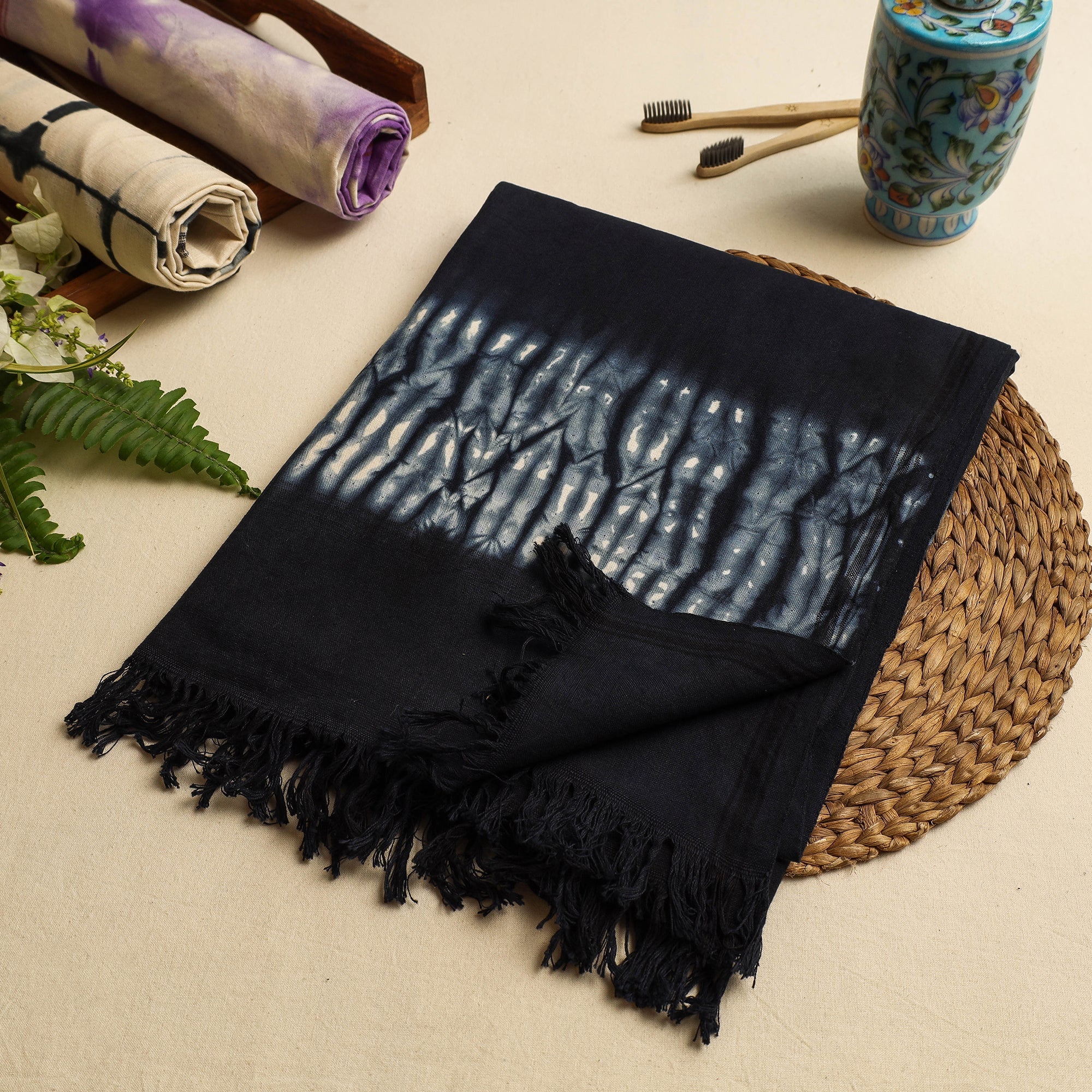 ARTISAN HAND BLOCK PRINTS Black - Shibori Tie & Dye Pure Handloom Cotton Bath Towel