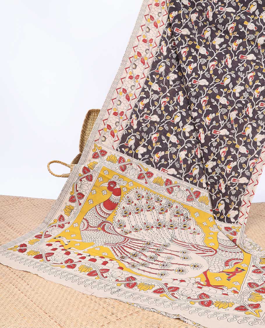 Pothys Brown floral & bird machine-printed kalamkari cotton saree, contrast floral & chevron border & peacock pallu