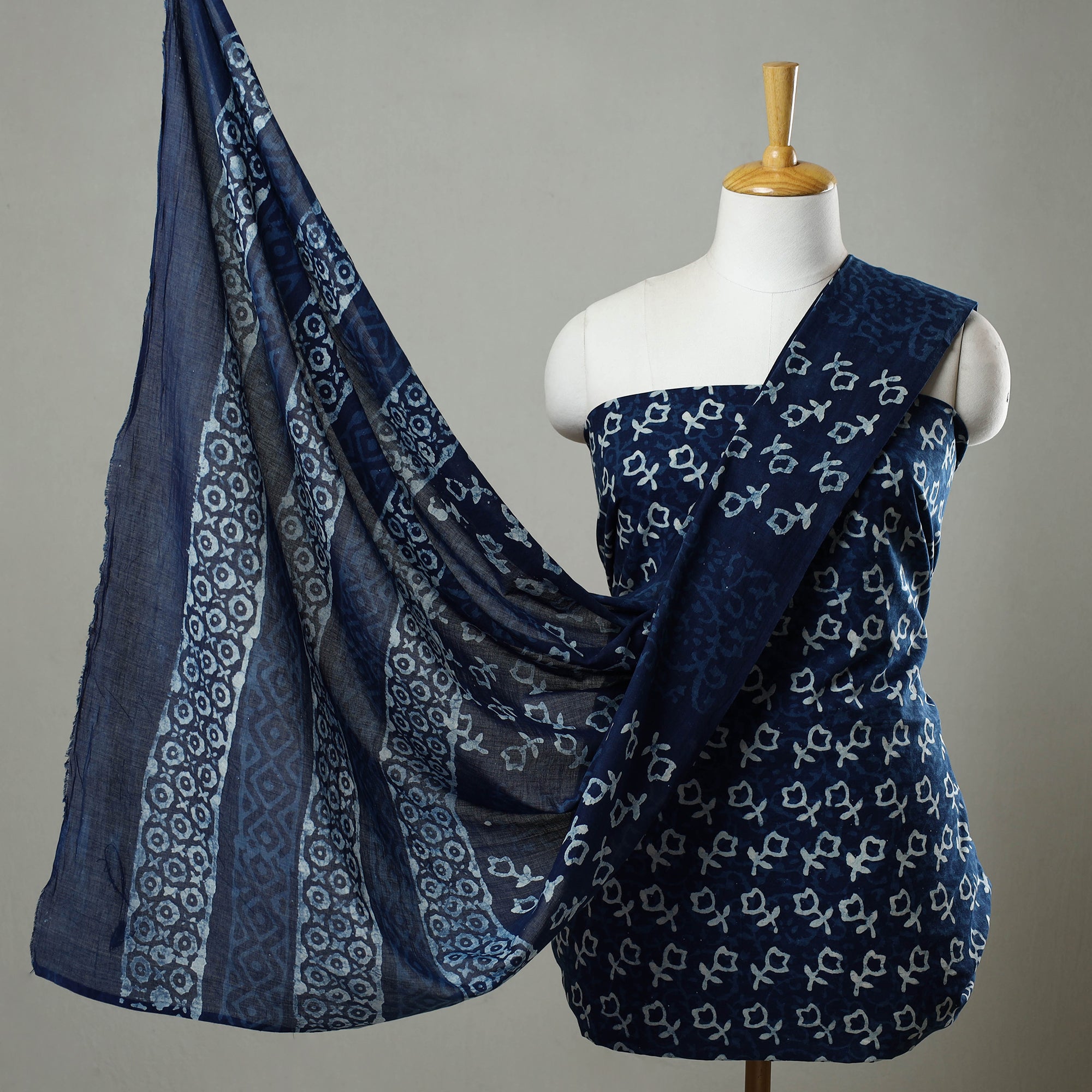 ARTISAN HAND BLOCK PRINTS Blue - 3pc Cotton Indigo Bagru Print Dress Material Set 13