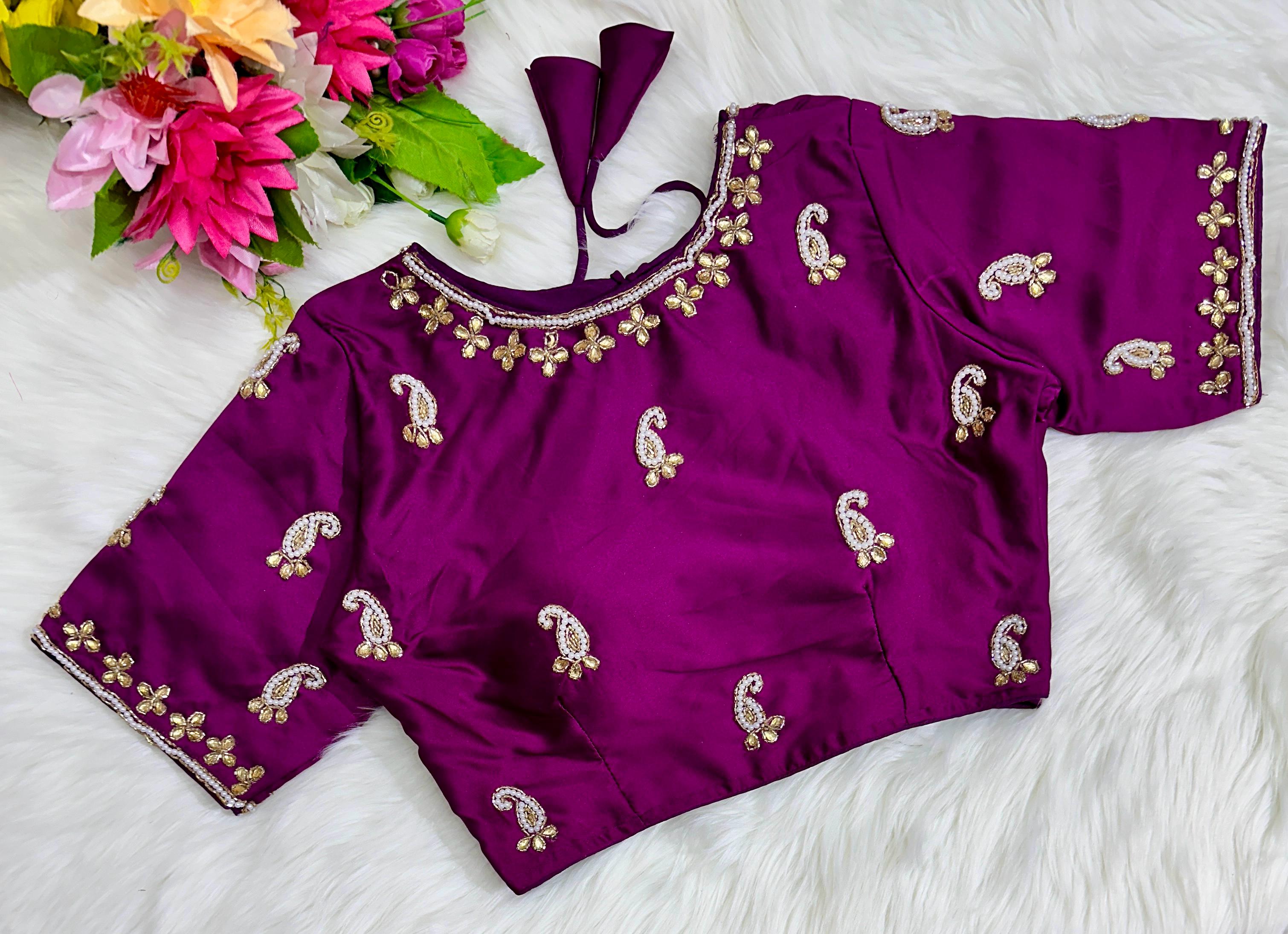 ClothsVilla Purple Exquisite Hand-Embroidered Methu Silk Blouse