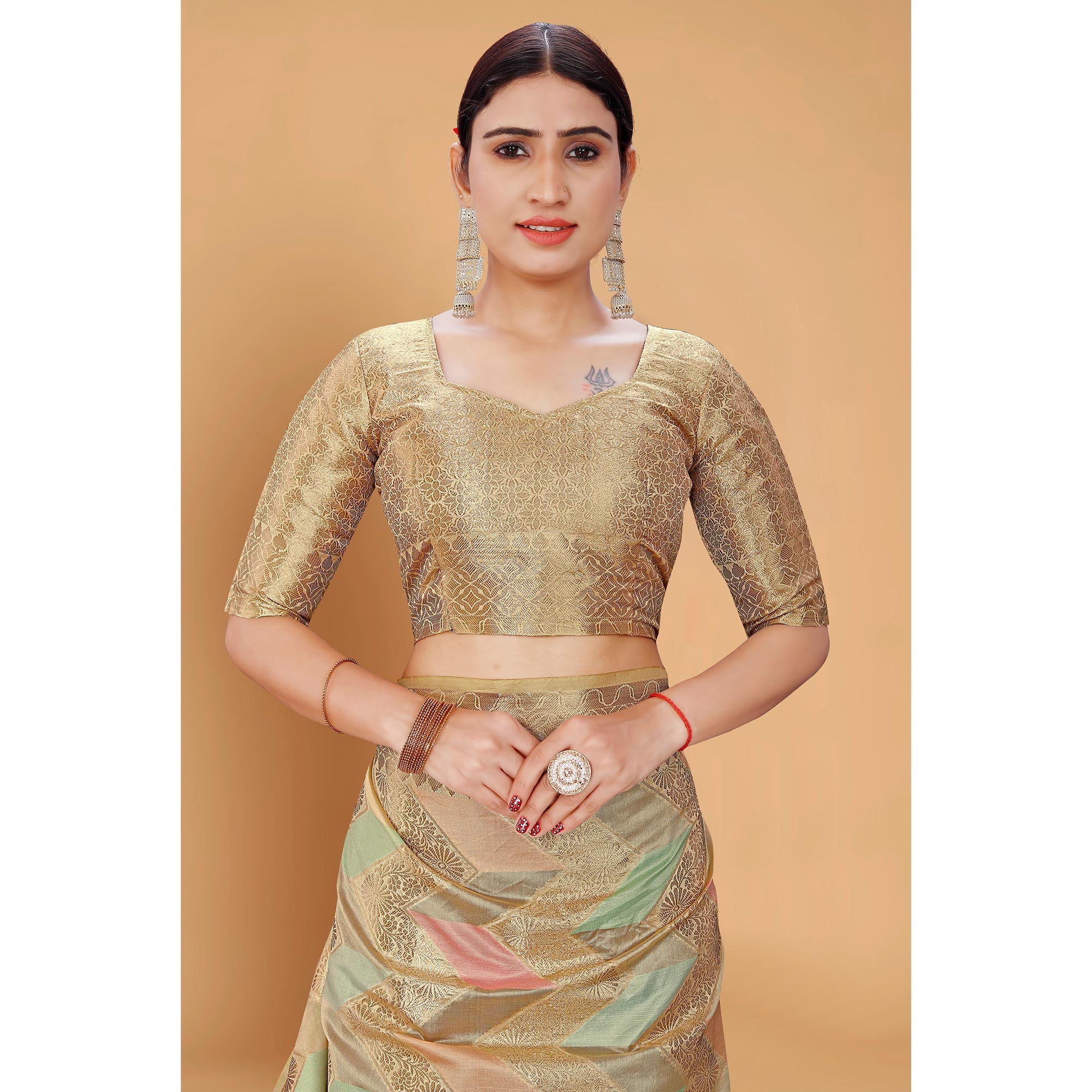 Peachmode Chikoo Woven Organza Saree With Tassels - view 7