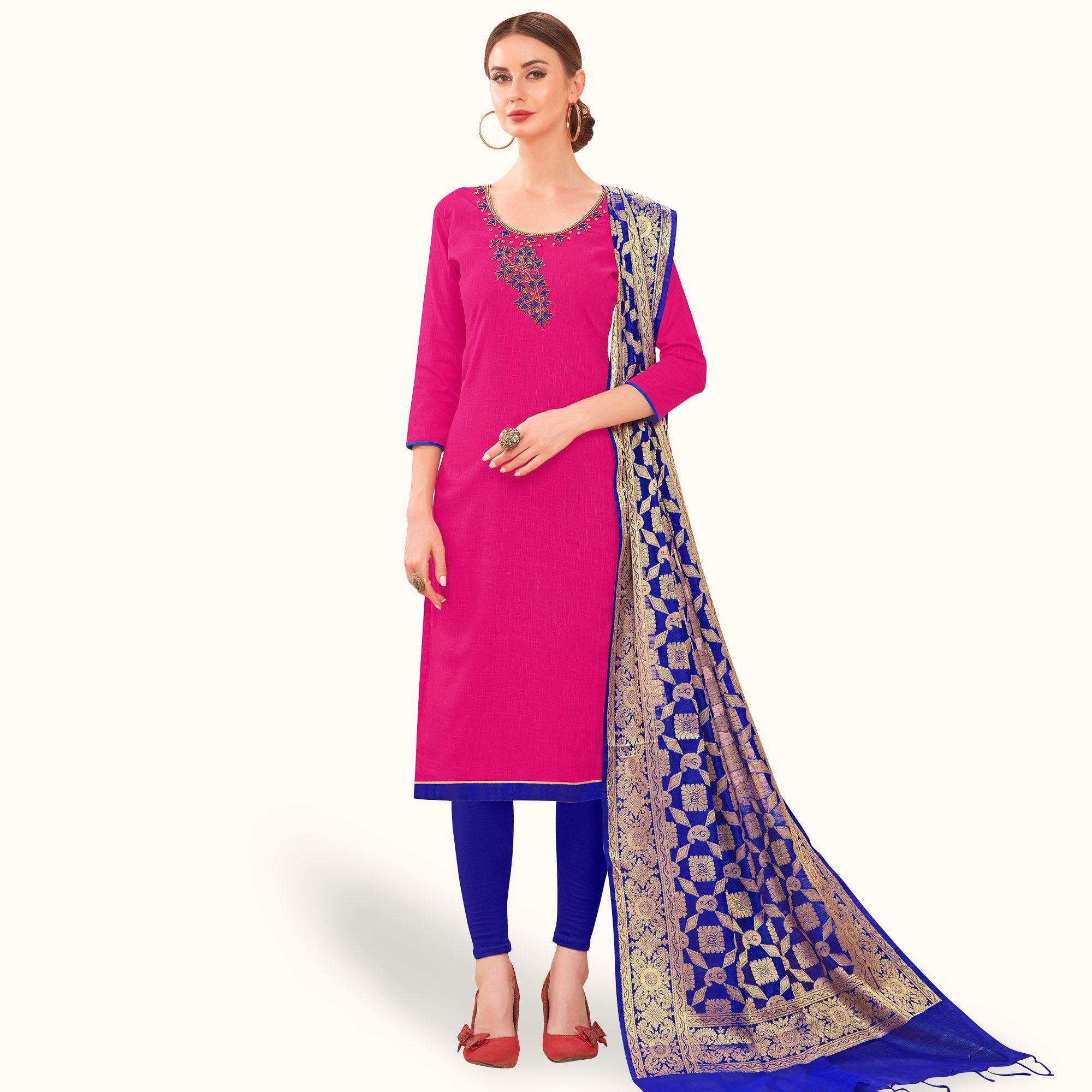 Peachmode Majesty Pink Colored Casual Wear Embroidered Cotton Dress Material With Banarasi Silk Dupatta