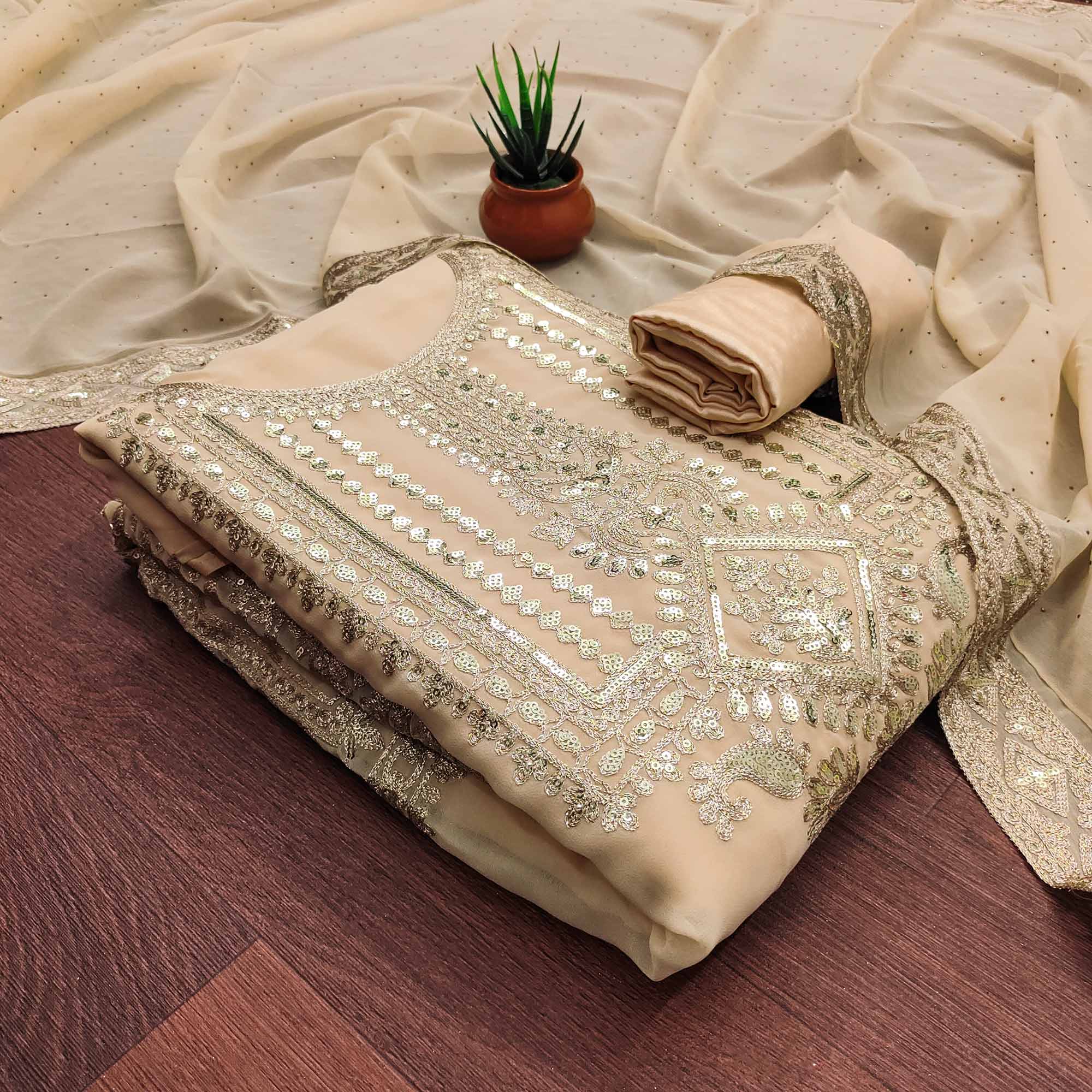 Peachmode Chikoo Floral Sequins Embroidered Georgette Dress Material - view 3